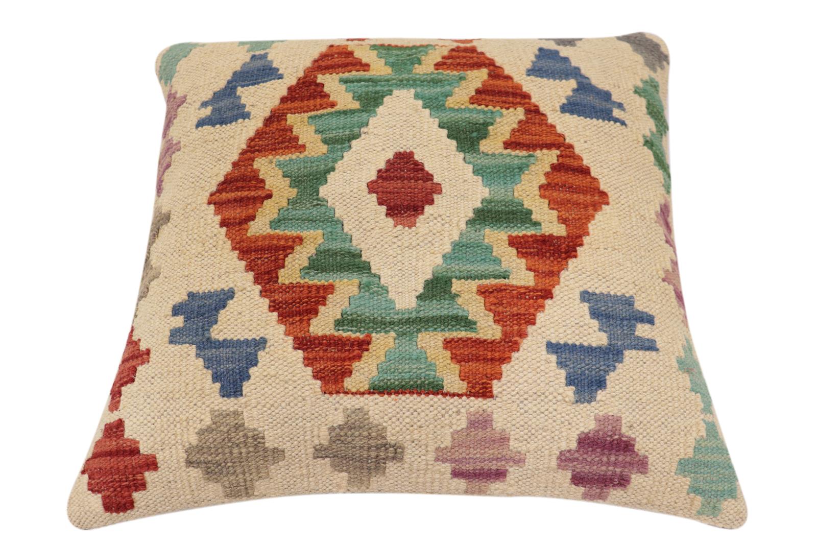 handmade Traditional Pillow Beige Rust Hand-Woven SQUARE 100% WOOL  Hand woven turkish pillow  2 x 2