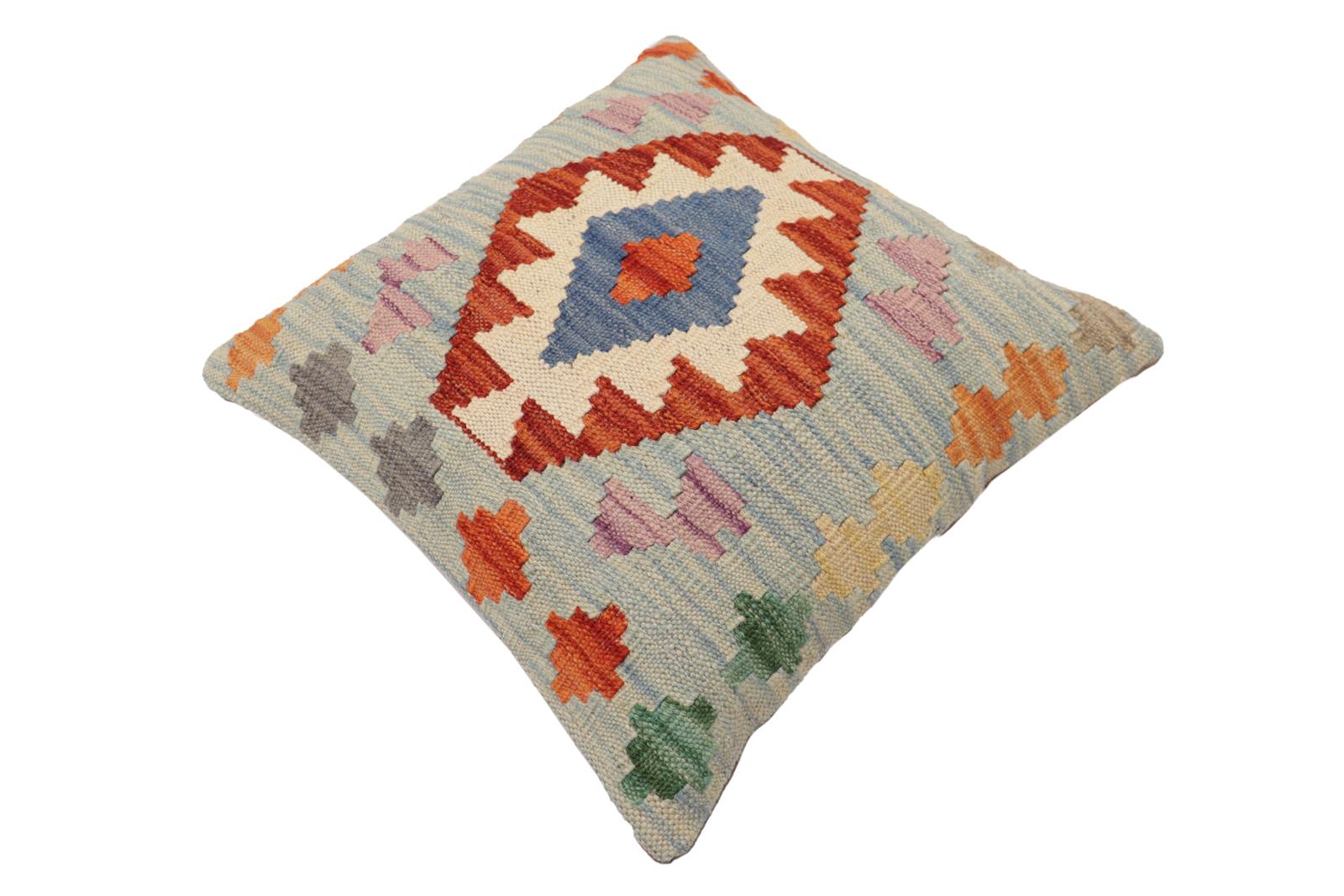 handmade Traditional Pillow Blue Rust Hand-Woven SQUARE 100% WOOL Hand woven turkish pillow2' x 2'