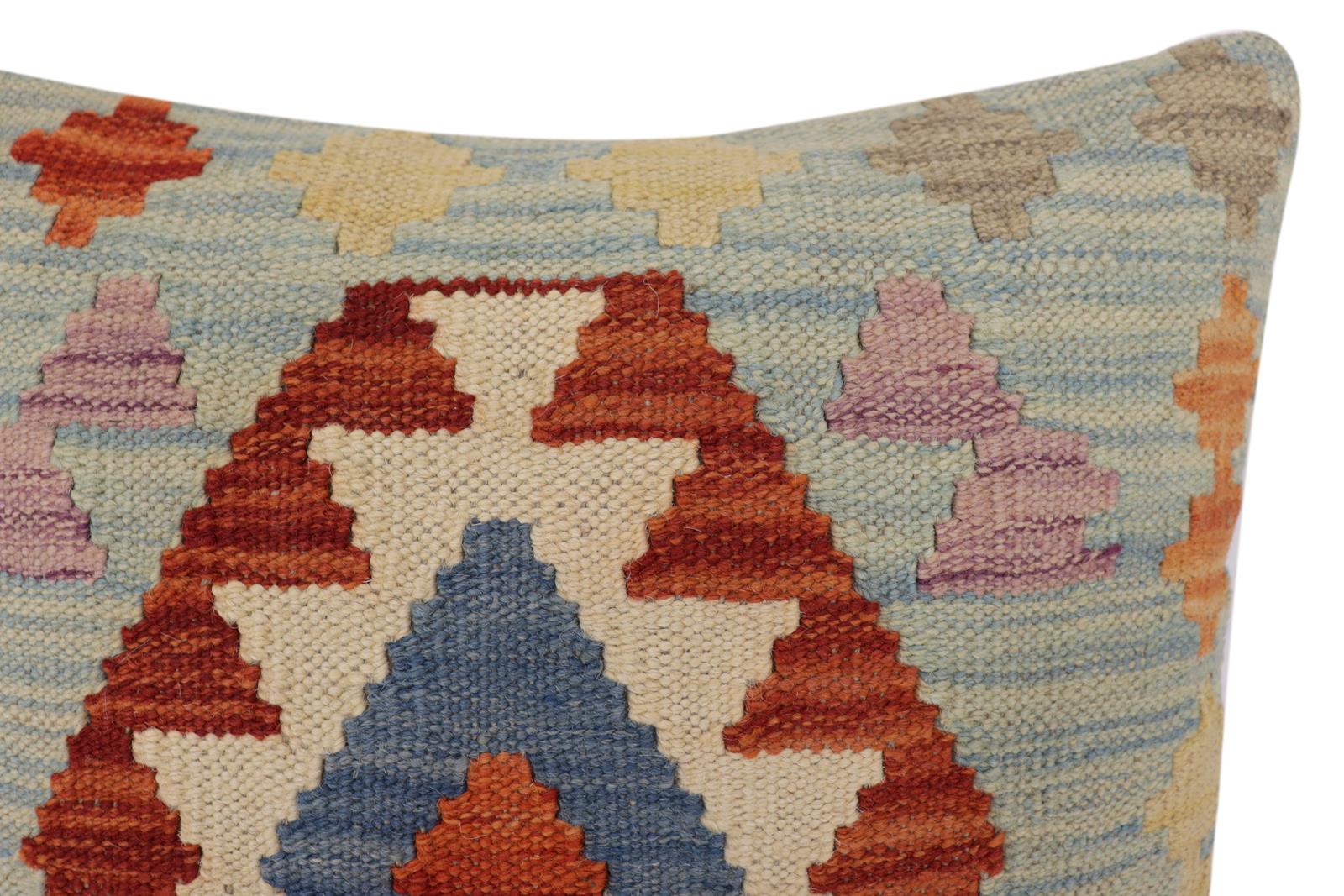 handmade Traditional Pillow Blue Rust Hand-Woven SQUARE 100% WOOL Hand woven turkish pillow2' x 2'