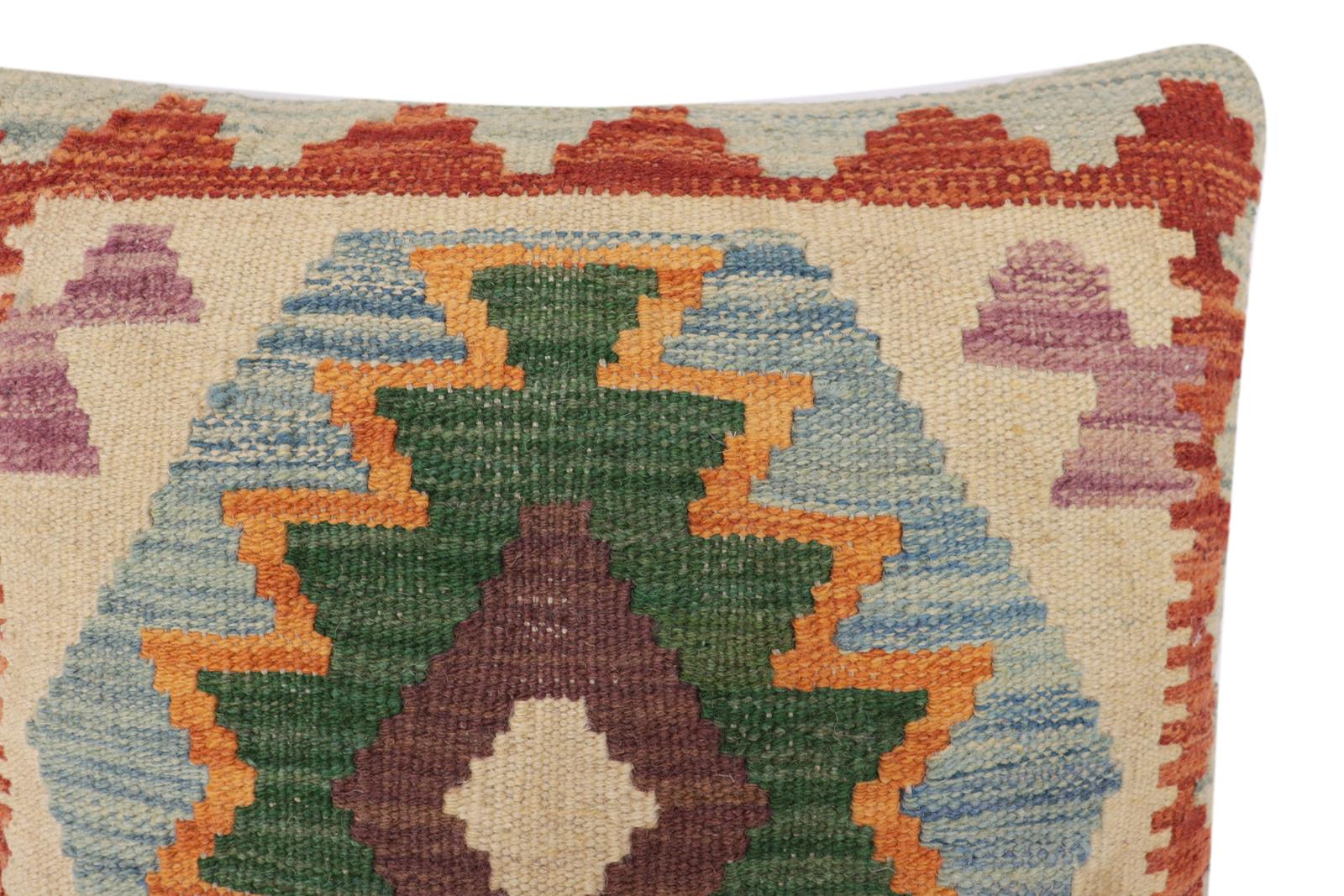 handmade Traditional Pillow Blue Rust Hand-Woven SQUARE 100% WOOL Hand woven turkish pillow2' x 2'