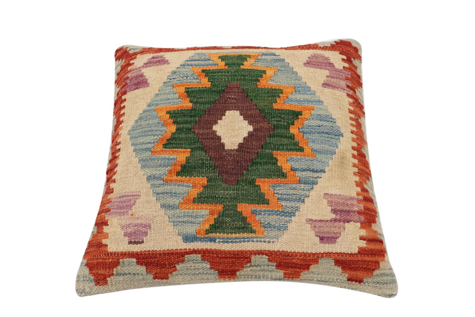 handmade Traditional Pillow Blue Rust Hand-Woven SQUARE 100% WOOL Hand woven turkish pillow2' x 2'