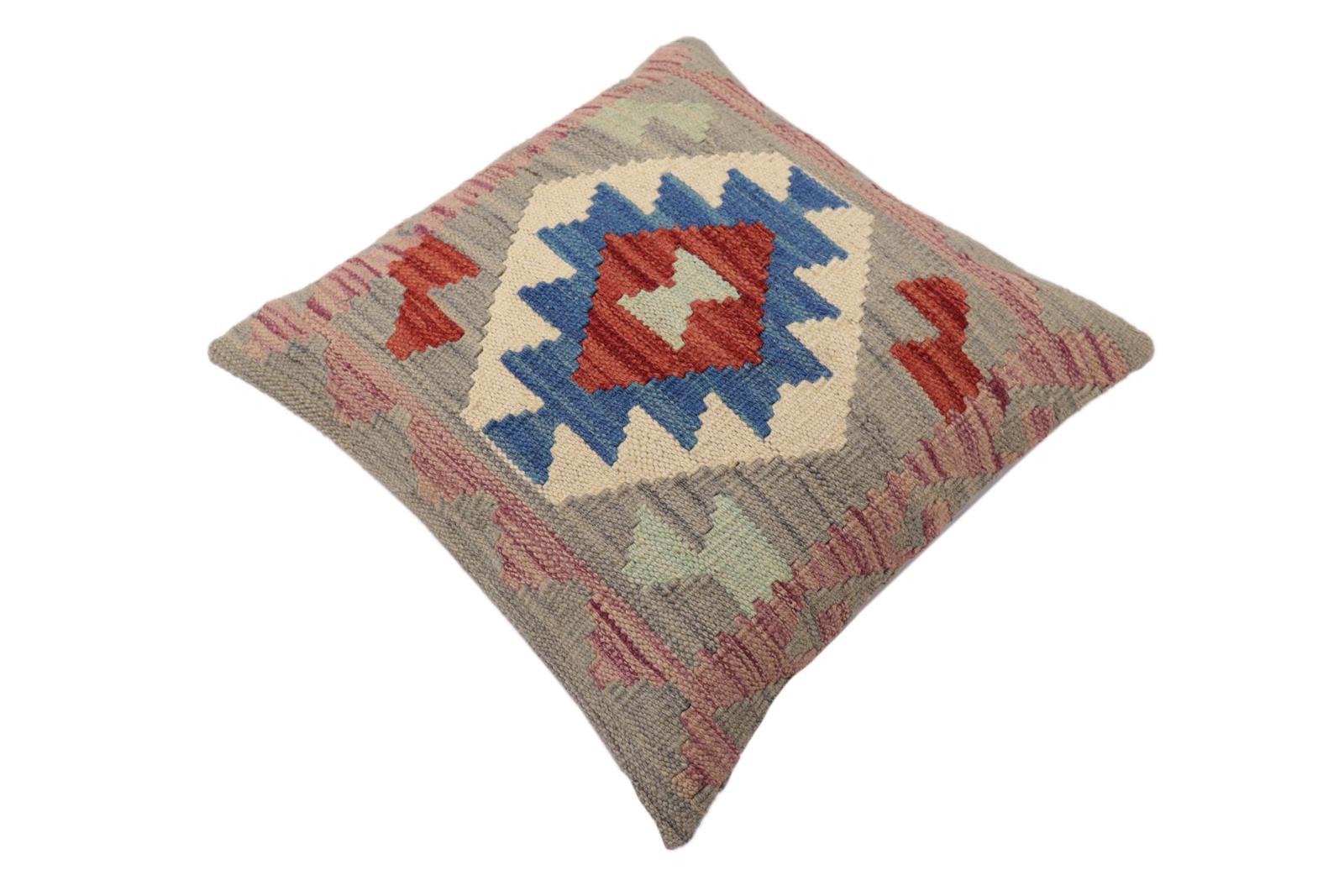 handmade Traditional Pillow Gray Blue Hand-Woven SQUARE 100% WOOL Hand woven turkish pillow2' x 2'