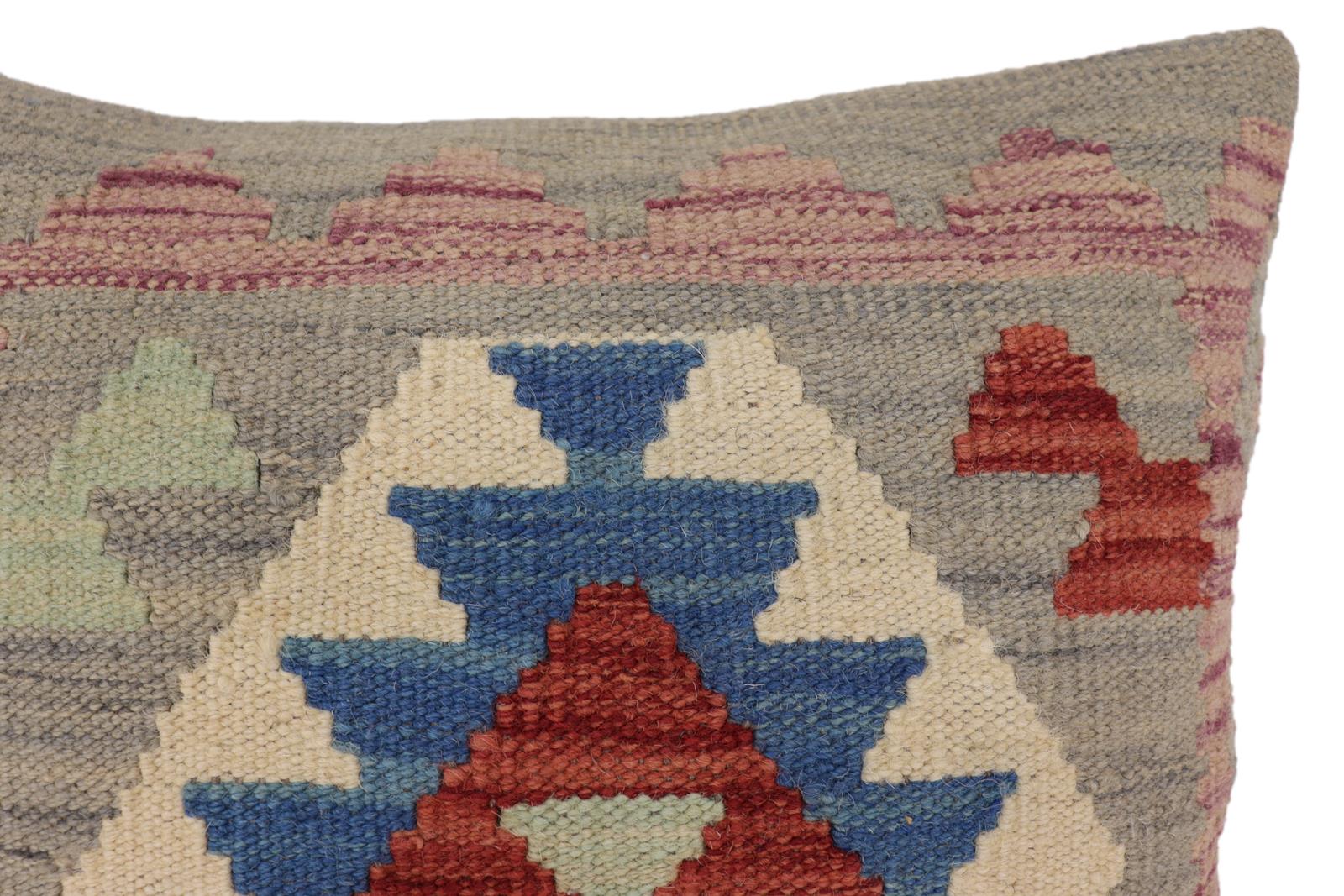 handmade Traditional Pillow Gray Blue Hand-Woven SQUARE 100% WOOL Hand woven turkish pillow2' x 2'