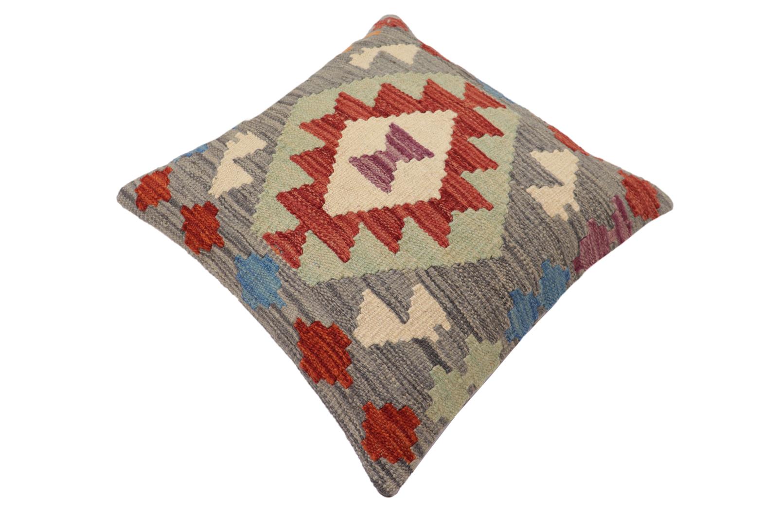 handmade Traditional Pillow Gray Red Hand-Woven SQUARE 100% WOOL Hand woven turkish pillow2' x 2'