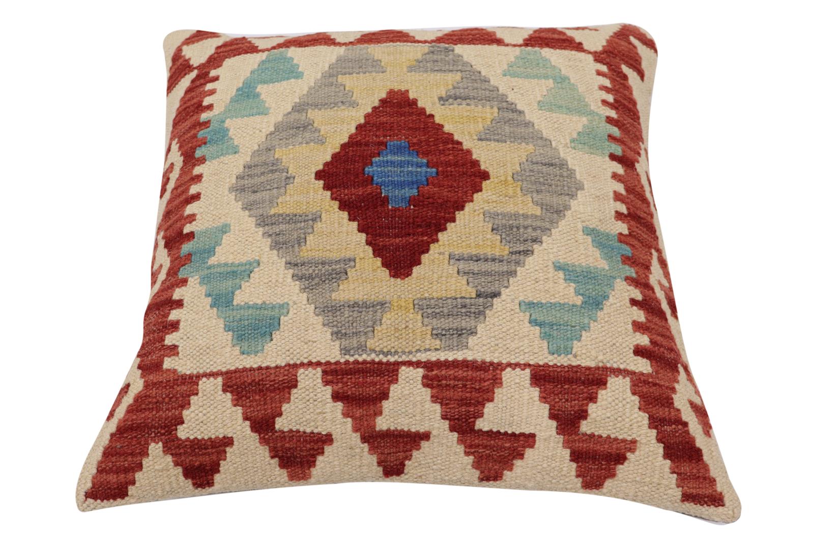 handmade Traditional Pillow Red Beige Hand-Woven SQUARE 100% WOOL Hand woven turkish pillow2' x 2'