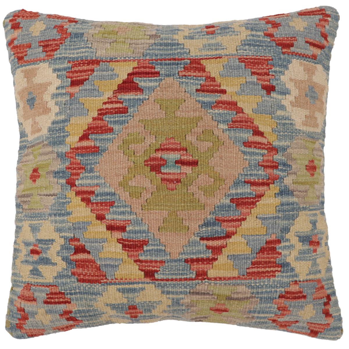 handmade Traditional Pillow Blue Rust Hand-Woven SQUARE 100% WOOL  Hand woven turkish pillow  2 x 2
