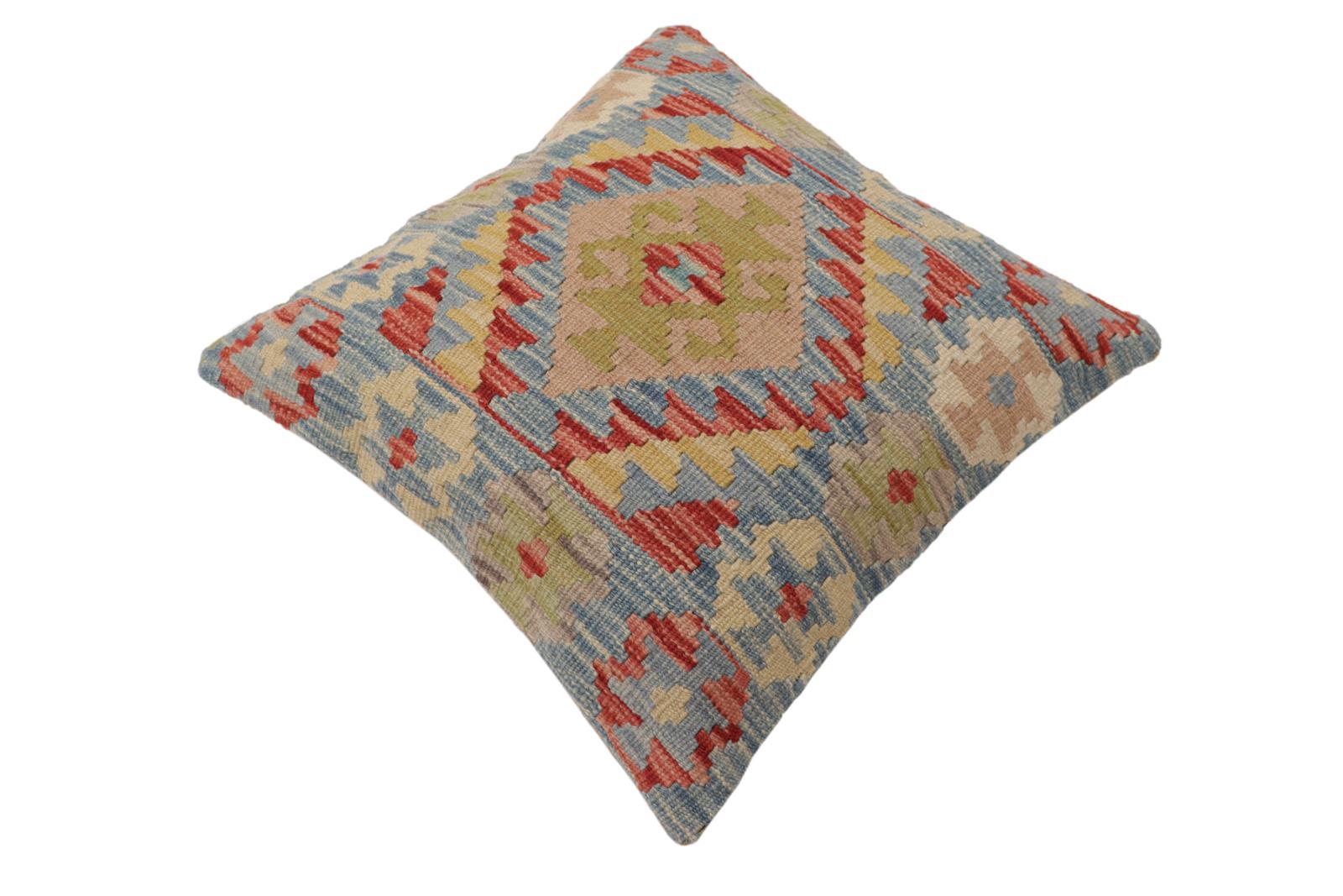 handmade Traditional Pillow Blue Rust Hand-Woven SQUARE 100% WOOL  Hand woven turkish pillow  2 x 2