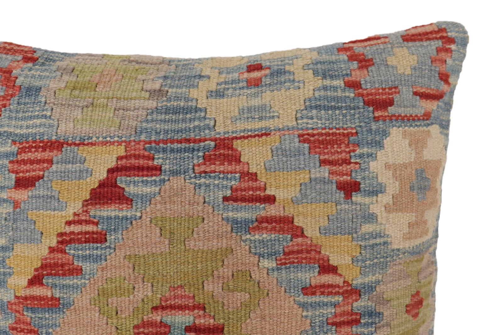 handmade Traditional Pillow Blue Rust Hand-Woven SQUARE 100% WOOL  Hand woven turkish pillow  2 x 2