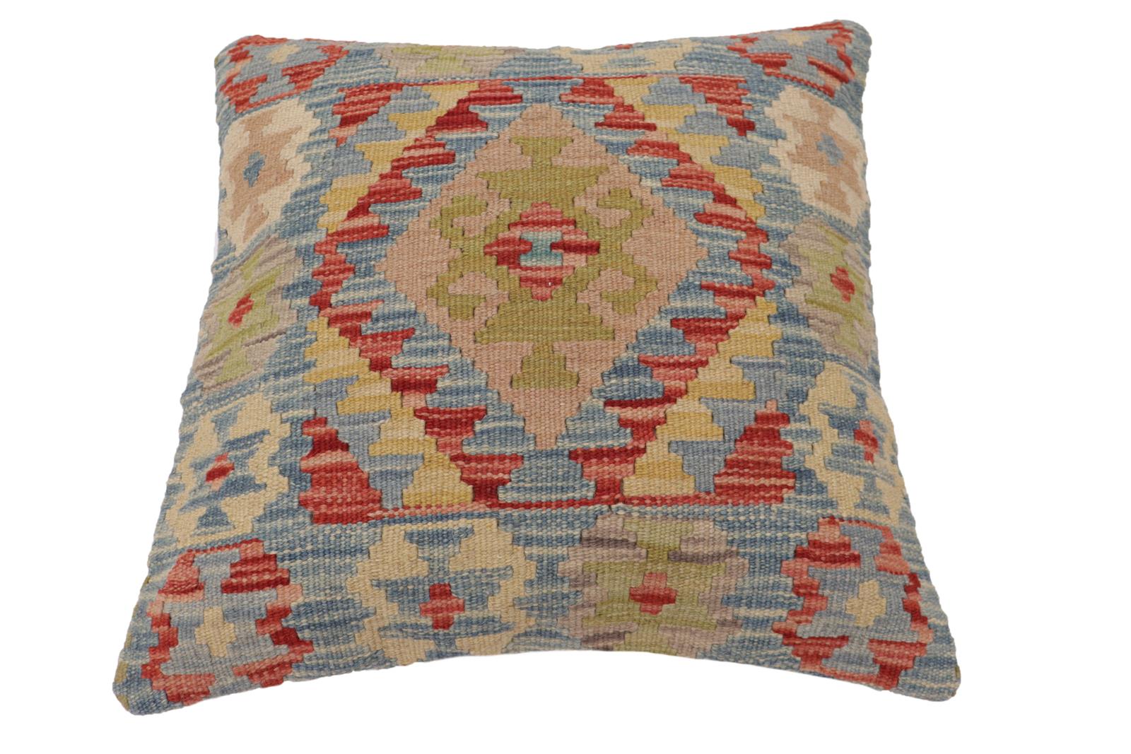 handmade Traditional Pillow Blue Rust Hand-Woven SQUARE 100% WOOL  Hand woven turkish pillow  2 x 2