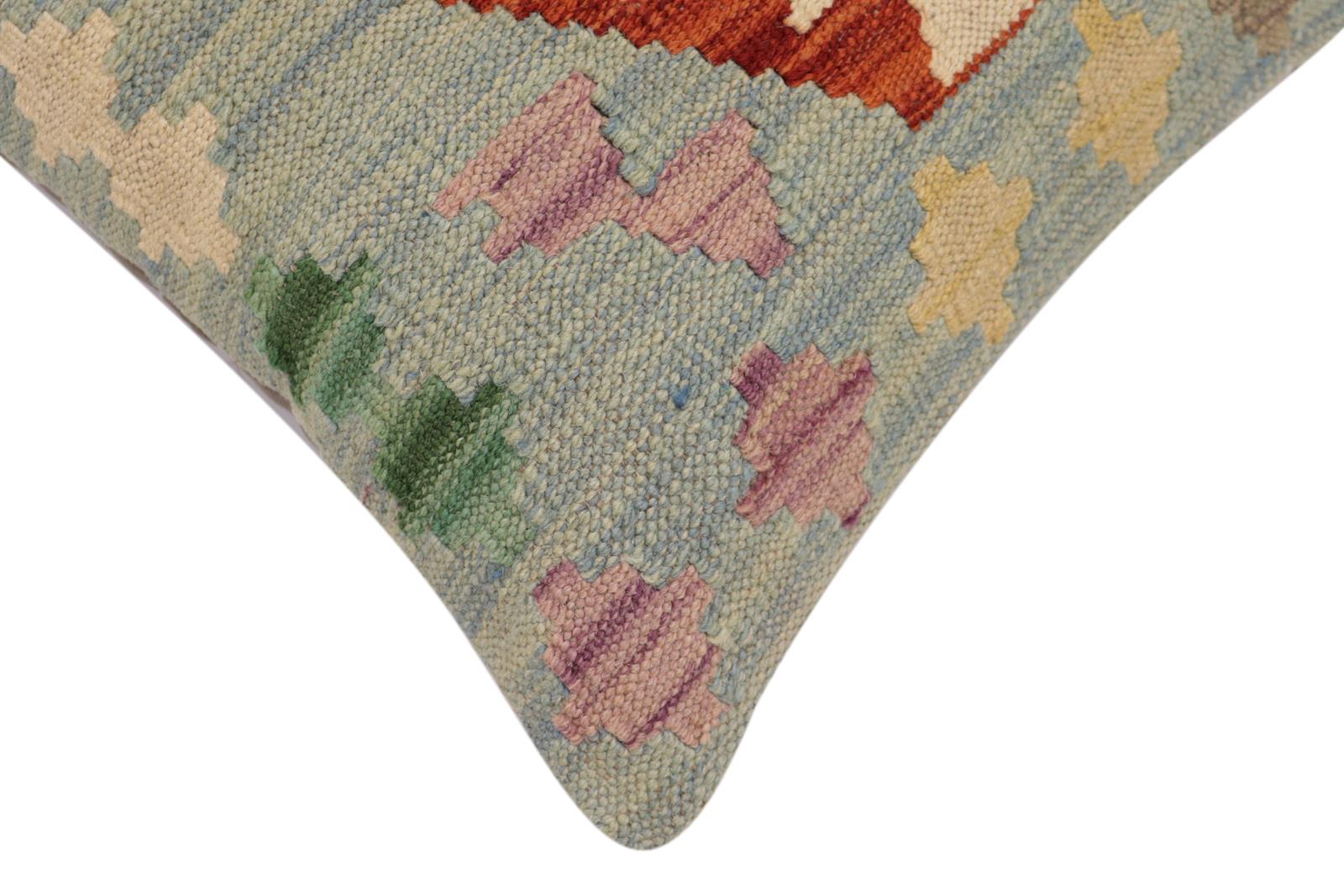 handmade Traditional Pillow Blue Rust Hand-Woven SQUARE 100% WOOL  Hand woven turkish pillow  2 x 2