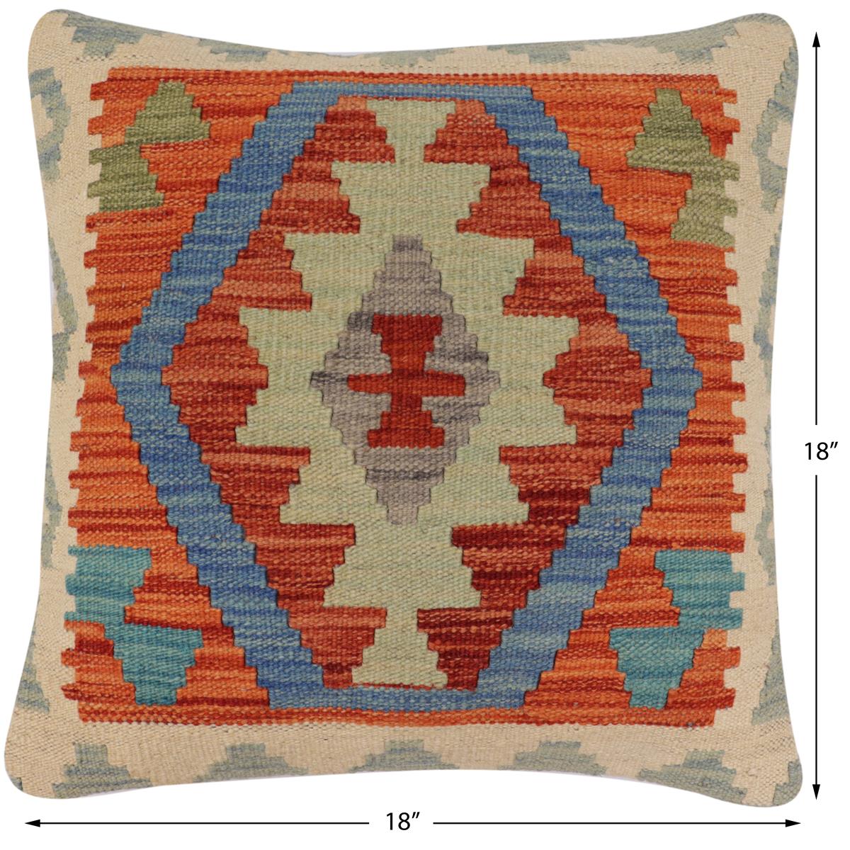 handmade Traditional Pillow Rust Blue Hand-Woven SQUARE 100% WOOL Hand woven turkish pillow2' x 2'