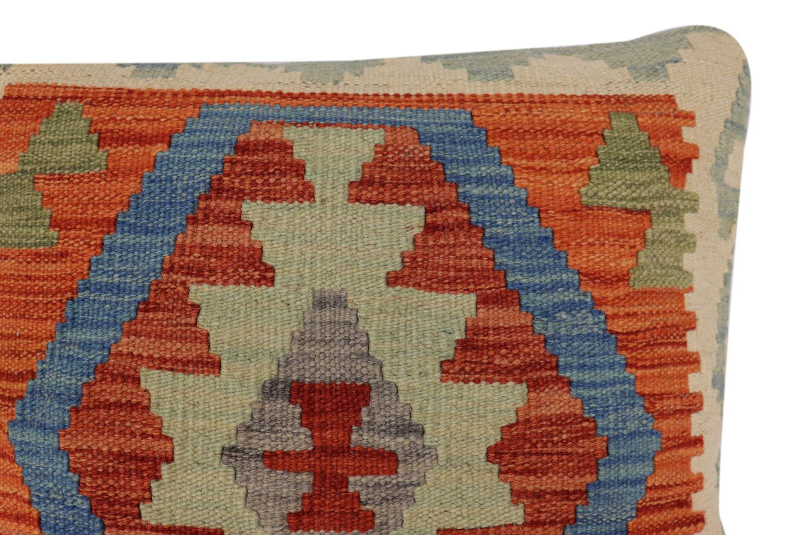 handmade Traditional Pillow Rust Blue Hand-Woven SQUARE 100% WOOL Hand woven turkish pillow2' x 2'