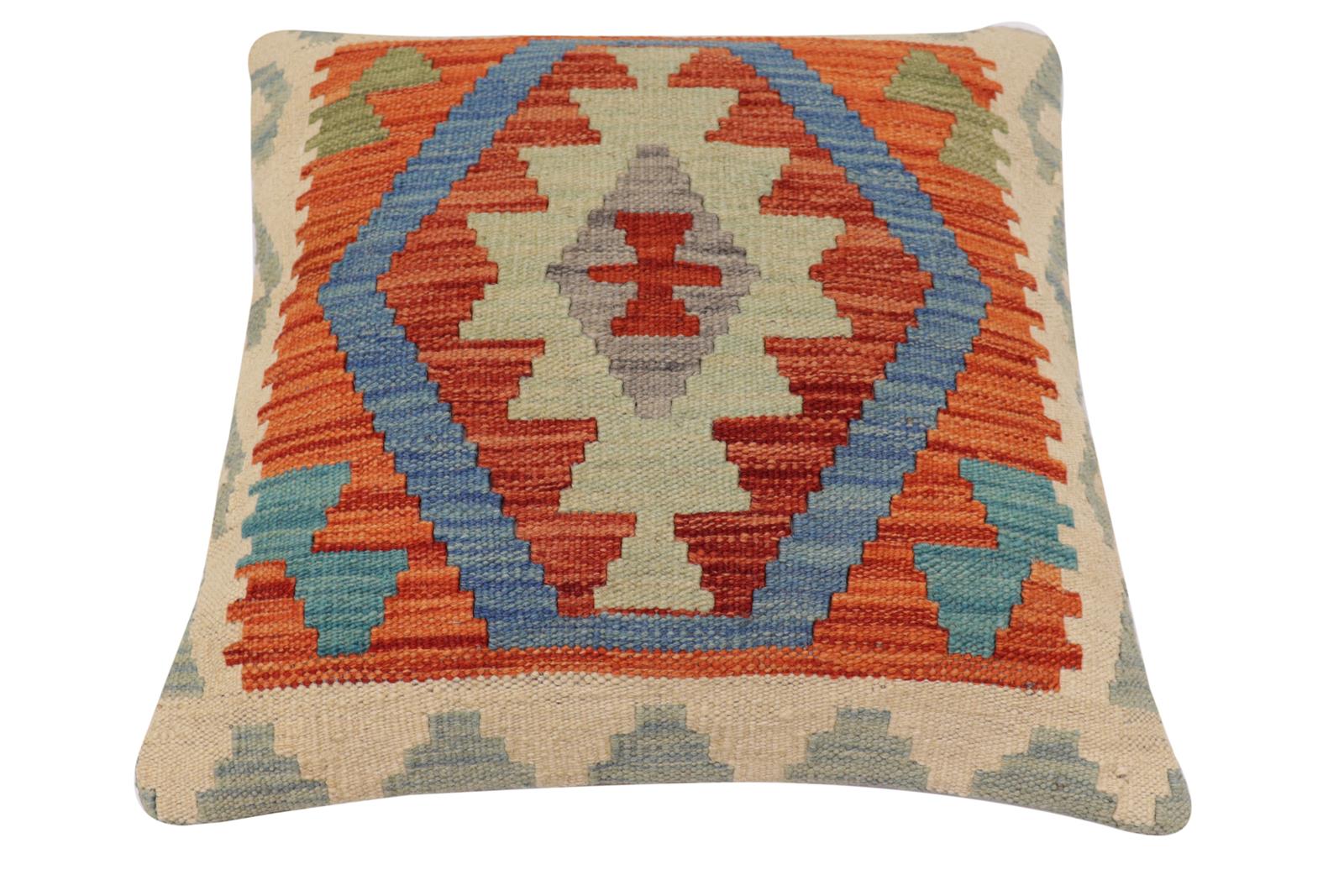 handmade Traditional Pillow Rust Blue Hand-Woven SQUARE 100% WOOL Hand woven turkish pillow2' x 2'