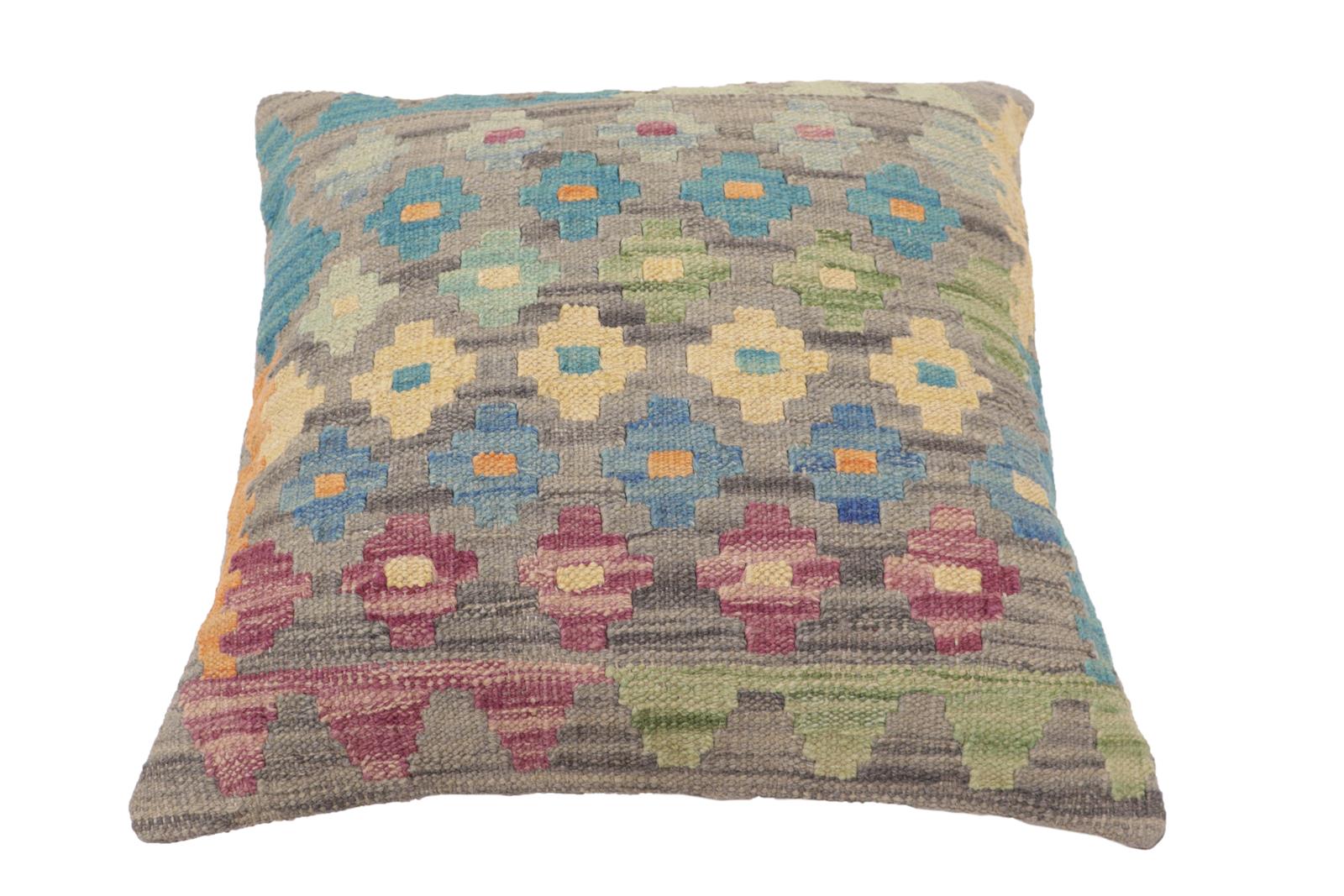 handmade Traditional Pillow Gray Blue Hand-Woven SQUARE 100% WOOL Hand woven turkish pillow2' x 2'