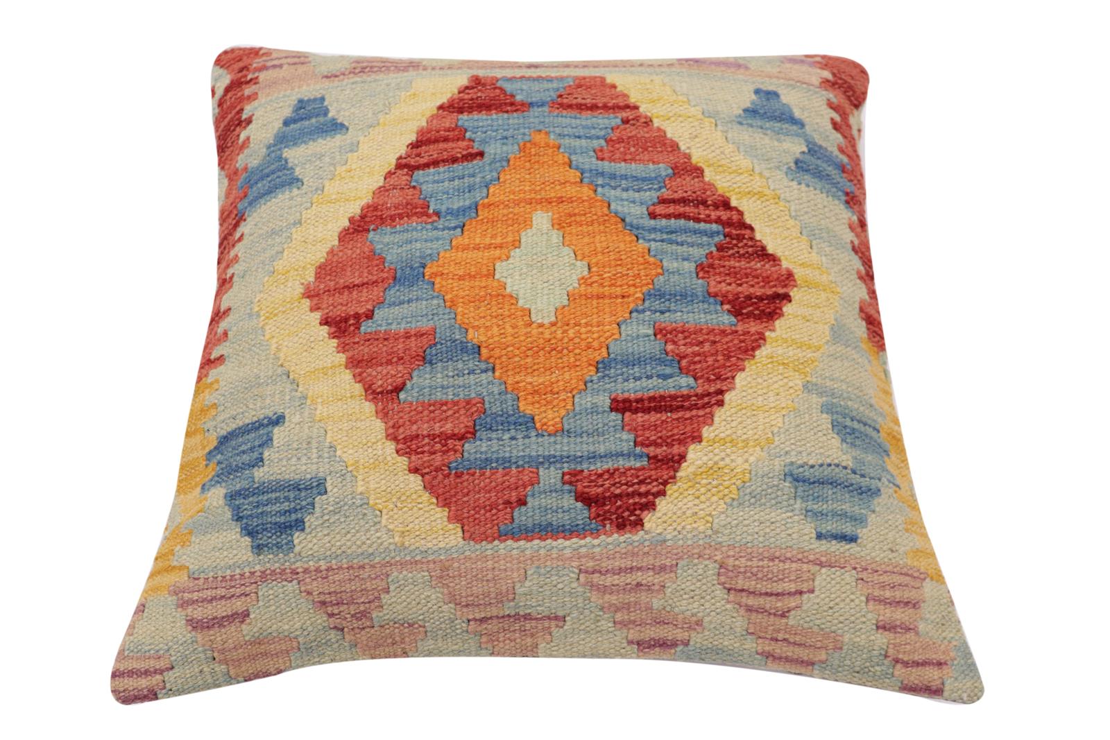handmade Traditional Pillow Blue Red Hand-Woven SQUARE 100% WOOL Hand woven turkish pillow2' x 2'
