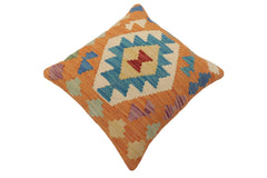 handmade Traditional Pillow Orange Blue Hand-Woven SQUARE 100% WOOL  Hand woven turkish pillow  2 x 2