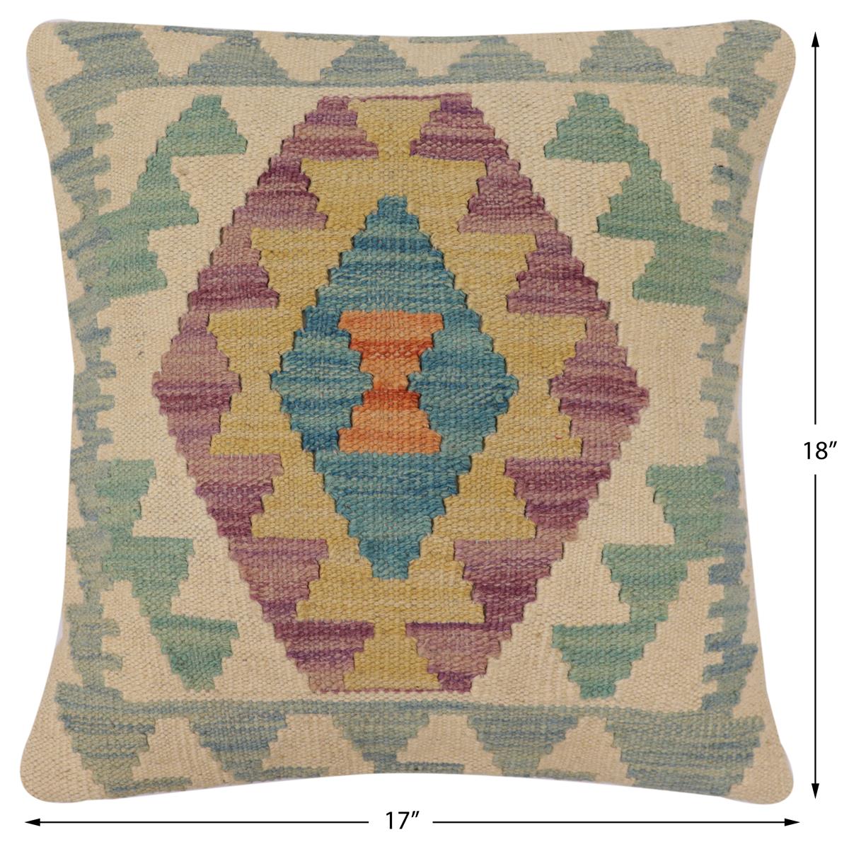 handmade Traditional Pillow Beige Blue Hand-Woven SQUARE 100% WOOL  Hand woven turkish pillow  2 x 2