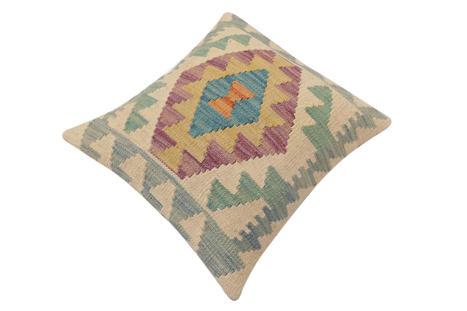 handmade Traditional Pillow Beige Blue Hand-Woven SQUARE 100% WOOL  Hand woven turkish pillow  2 x 2