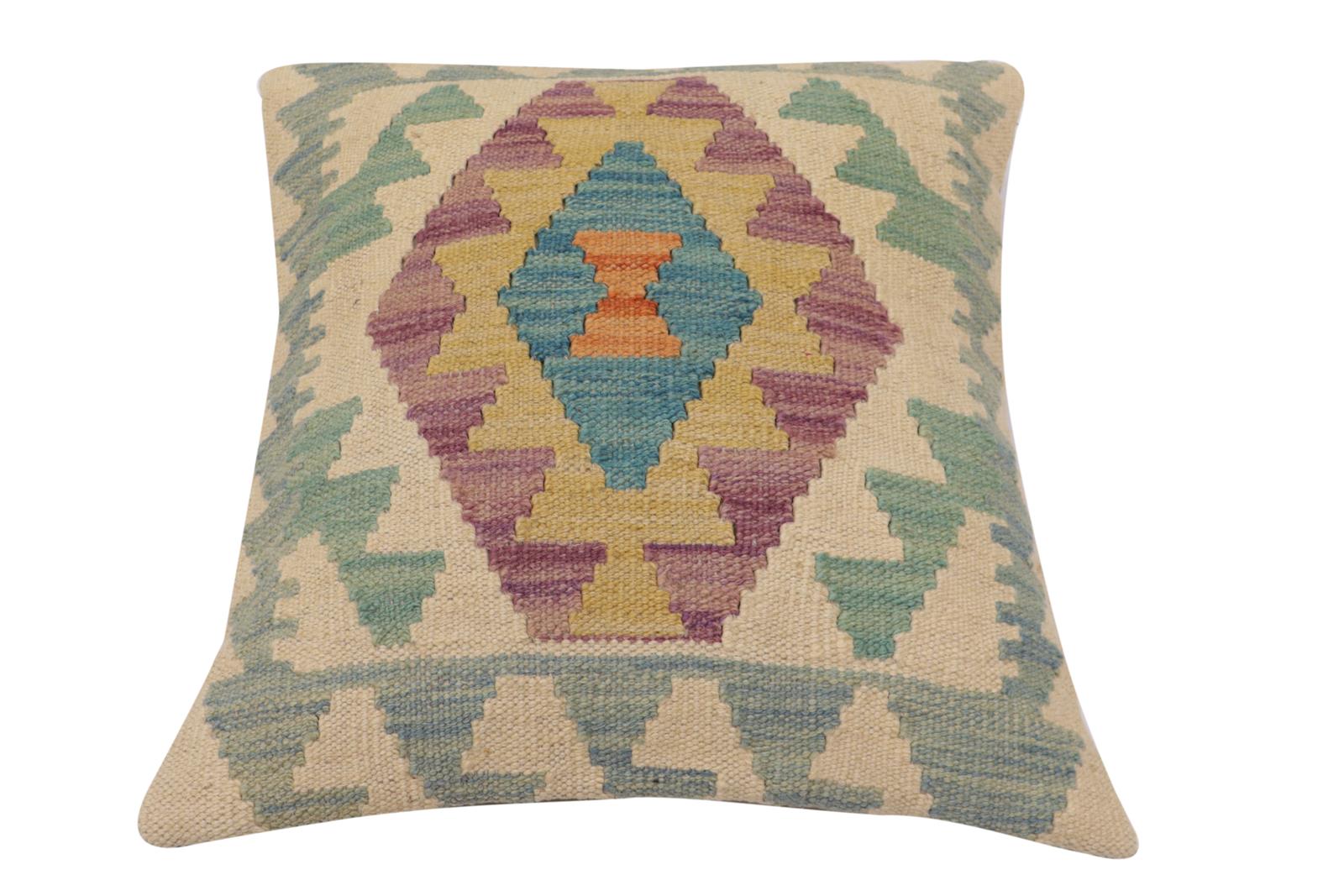 handmade Traditional Pillow Beige Blue Hand-Woven SQUARE 100% WOOL  Hand woven turkish pillow  2 x 2
