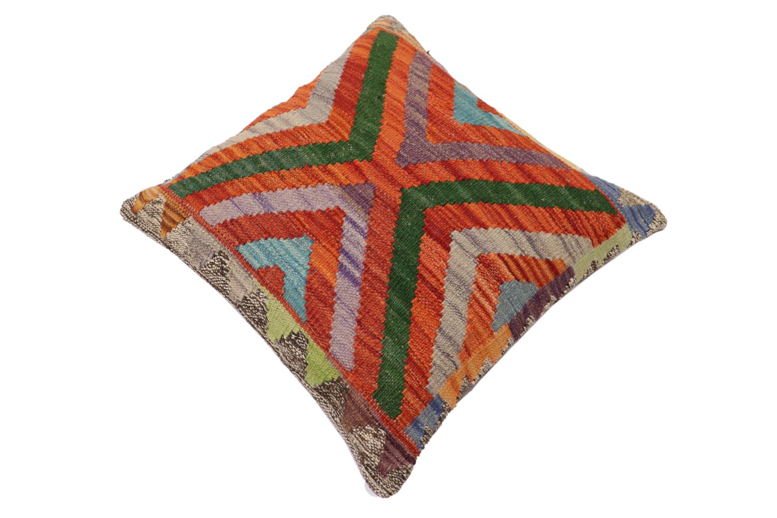 handmade Traditional Pillow Rust Blue Hand-Woven SQUARE 100% WOOL  Hand woven turkish pillow  2 x 2