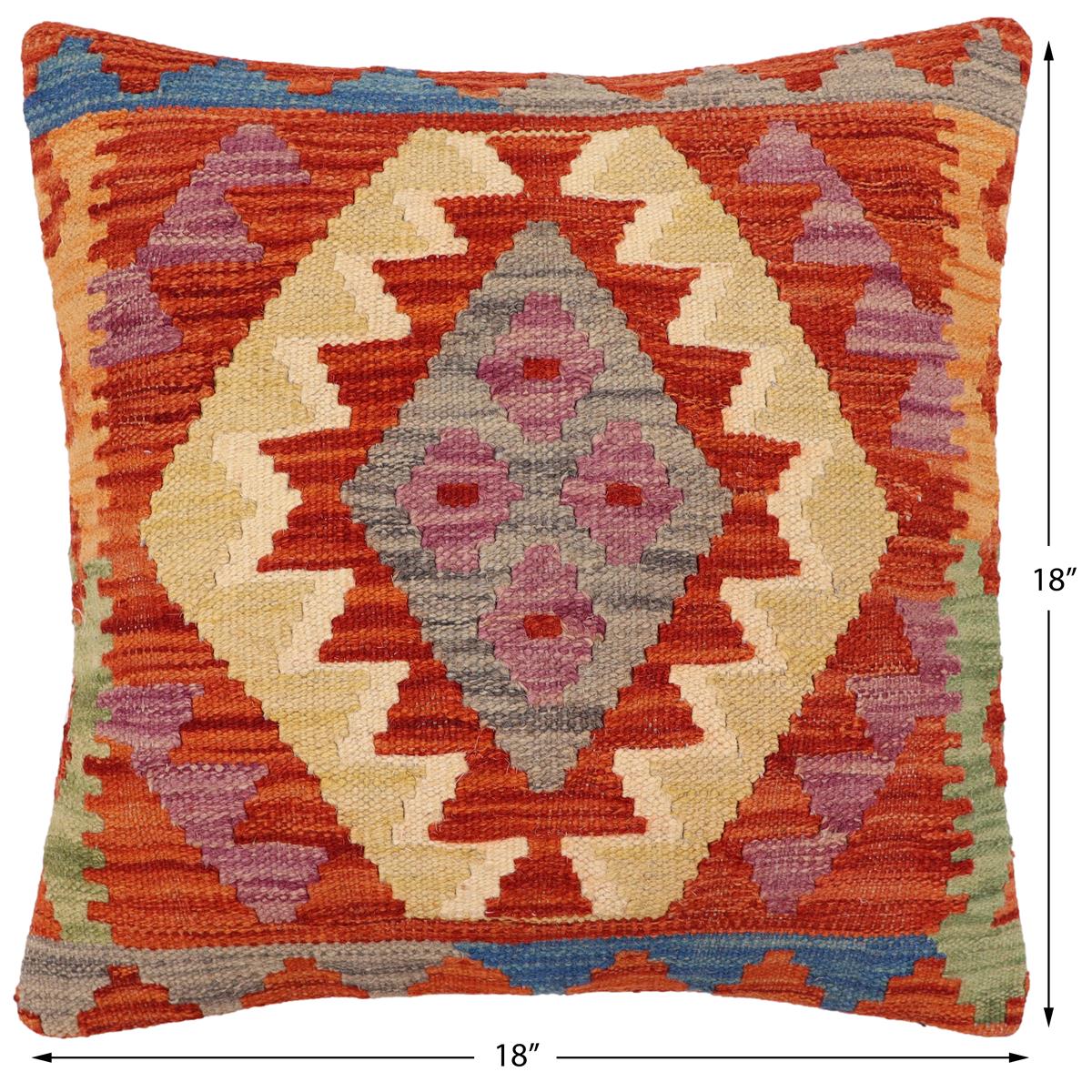 handmade Traditional Pillow Rust Blue Hand-Woven SQUARE 100% WOOL Hand woven turkish pillow2' x 2'