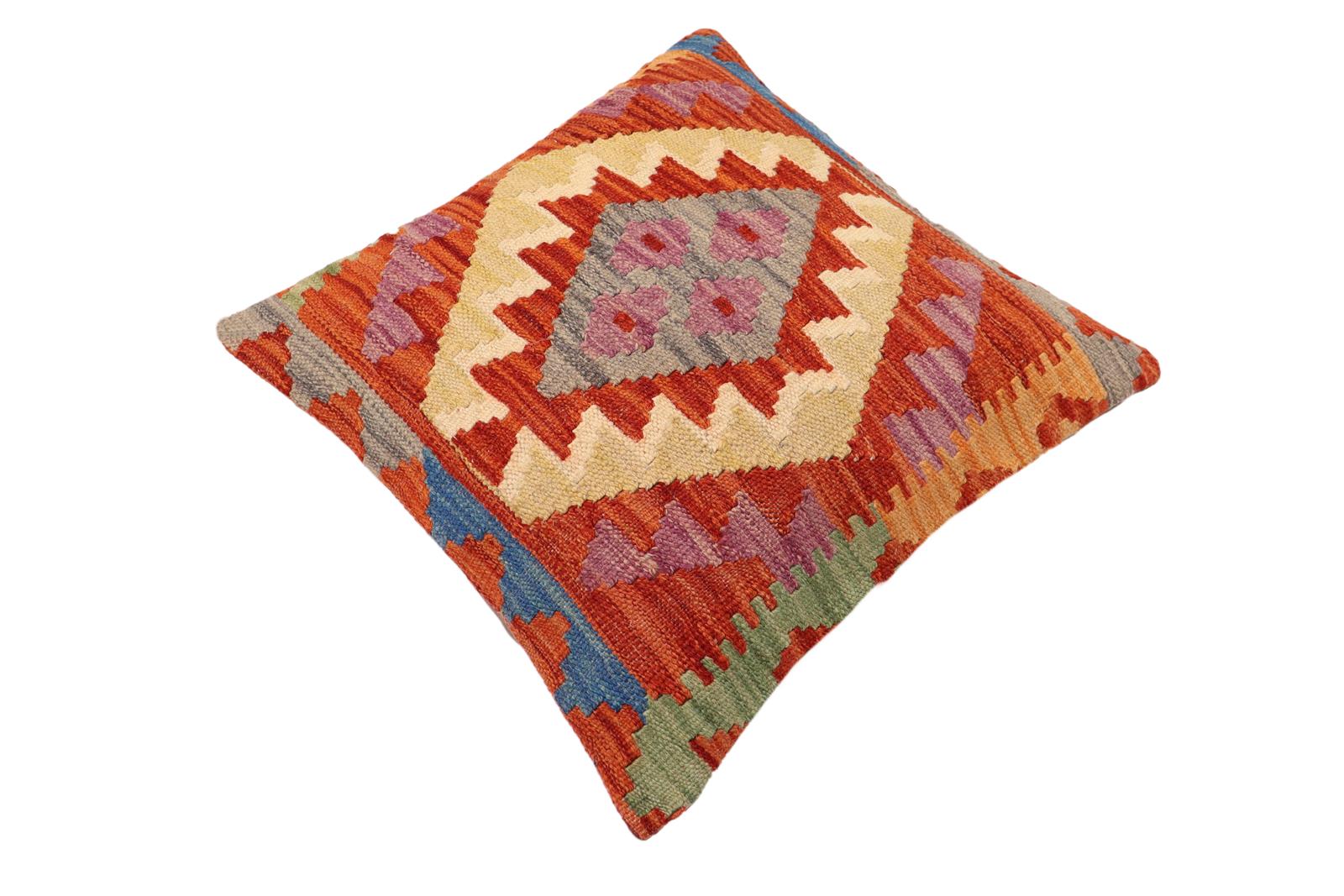 handmade Traditional Pillow Rust Blue Hand-Woven SQUARE 100% WOOL Hand woven turkish pillow2' x 2'