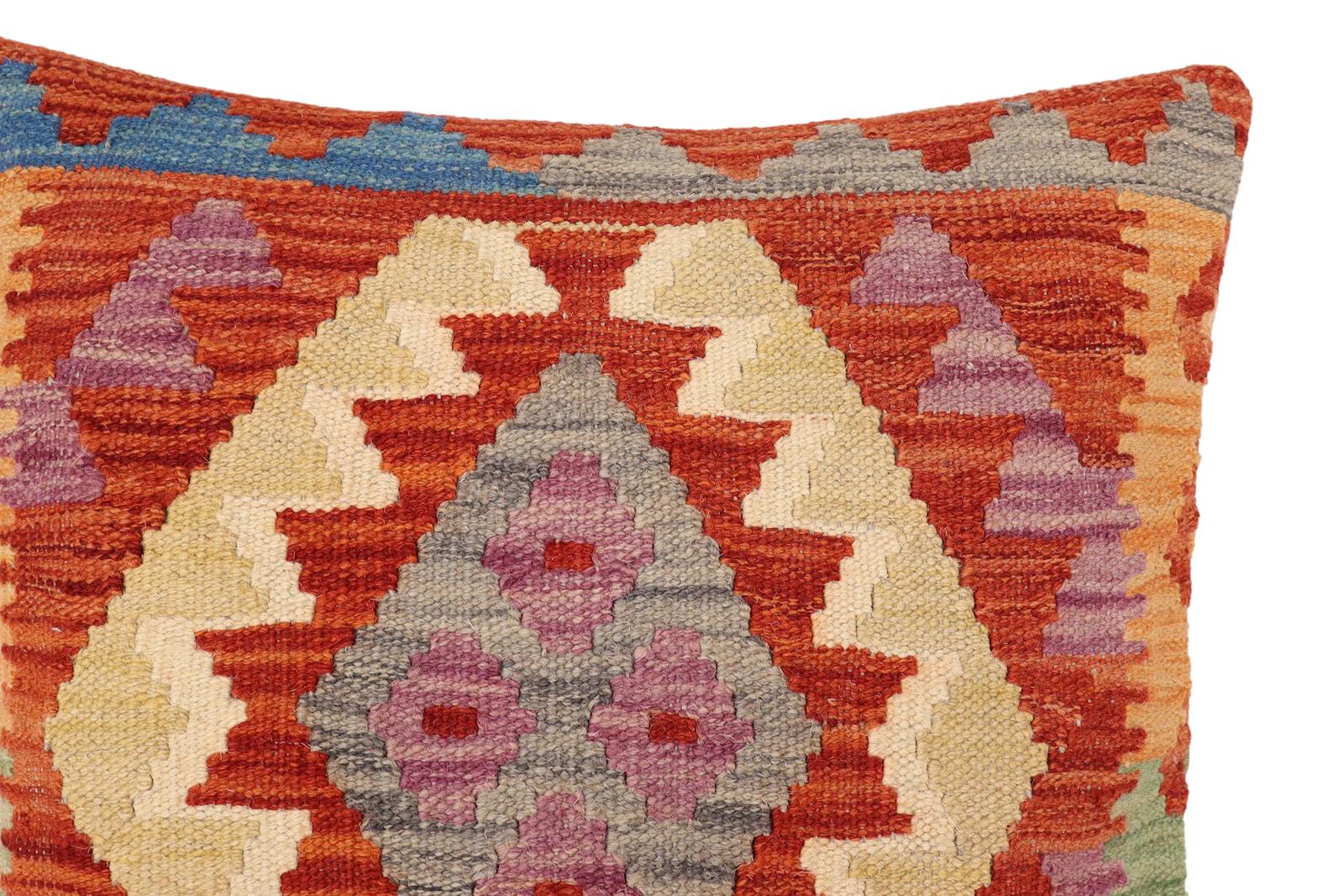 handmade Traditional Pillow Rust Blue Hand-Woven SQUARE 100% WOOL Hand woven turkish pillow2' x 2'