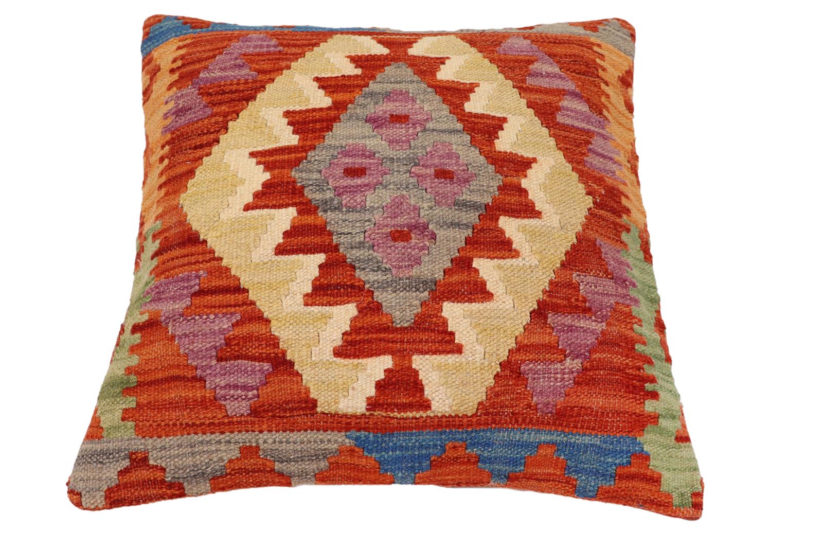 handmade Traditional Pillow Rust Blue Hand-Woven SQUARE 100% WOOL Hand woven turkish pillow2' x 2'