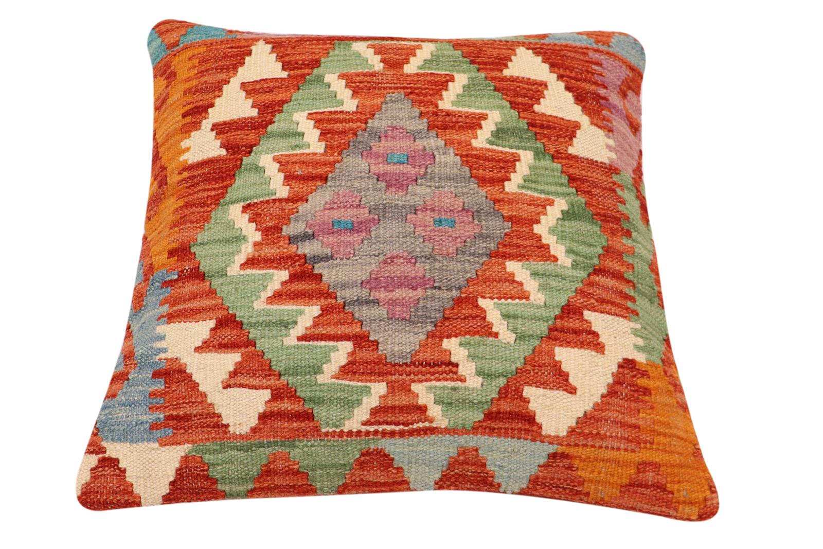 handmade Traditional Pillow Rust Blue Hand-Woven SQUARE 100% WOOL Hand woven turkish pillow2' x 2'