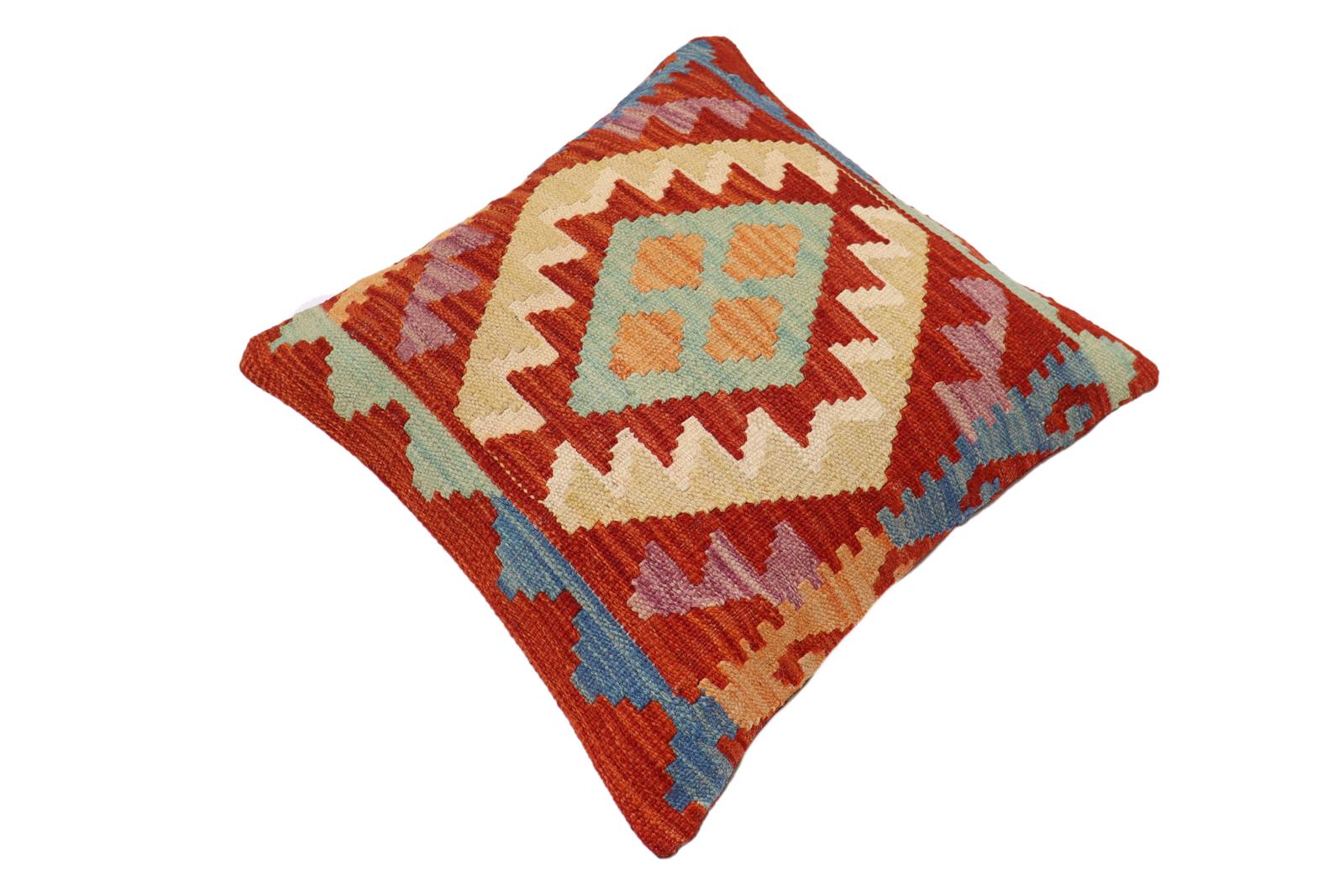 handmade Traditional Pillow Rust Blue Hand-Woven SQUARE 100% WOOL Hand woven turkish pillow2' x 2'