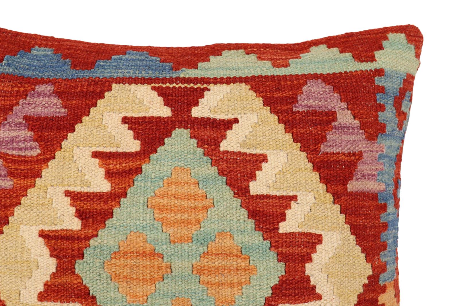 handmade Traditional Pillow Rust Blue Hand-Woven SQUARE 100% WOOL Hand woven turkish pillow2' x 2'