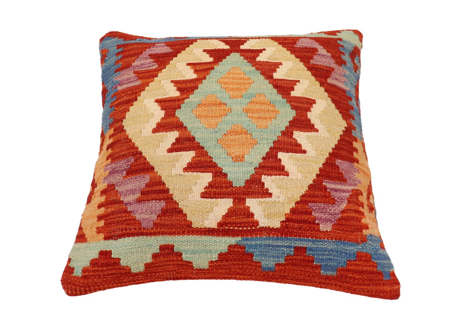 handmade Traditional Pillow Rust Blue Hand-Woven SQUARE 100% WOOL Hand woven turkish pillow2' x 2'