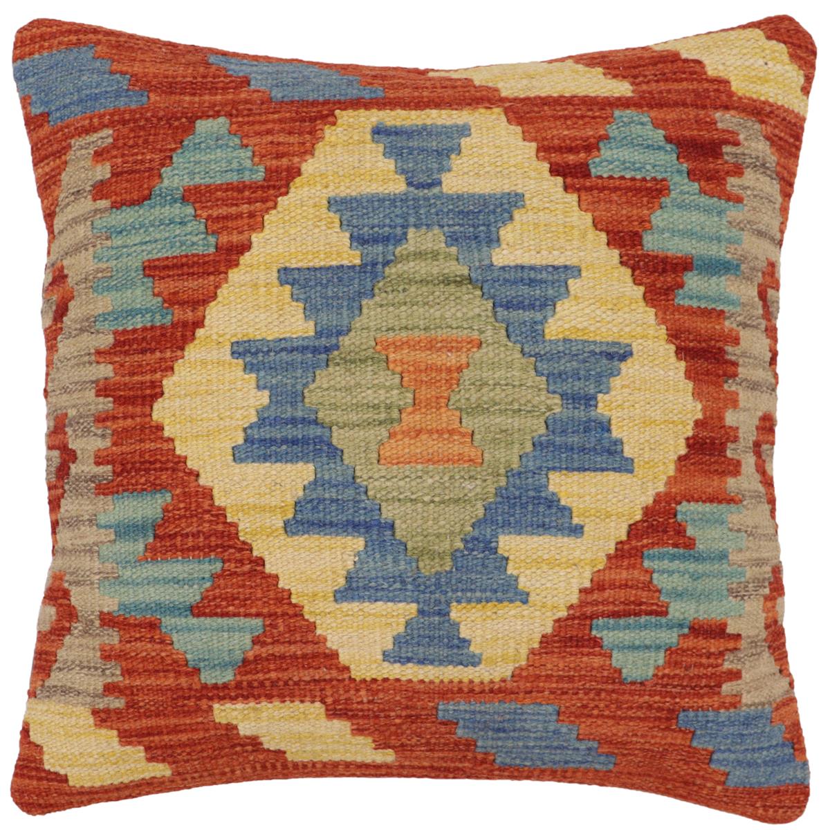 handmade Traditional Pillow Rust Blue Hand-Woven SQUARE 100% WOOL Hand woven turkish pillow2' x 2'