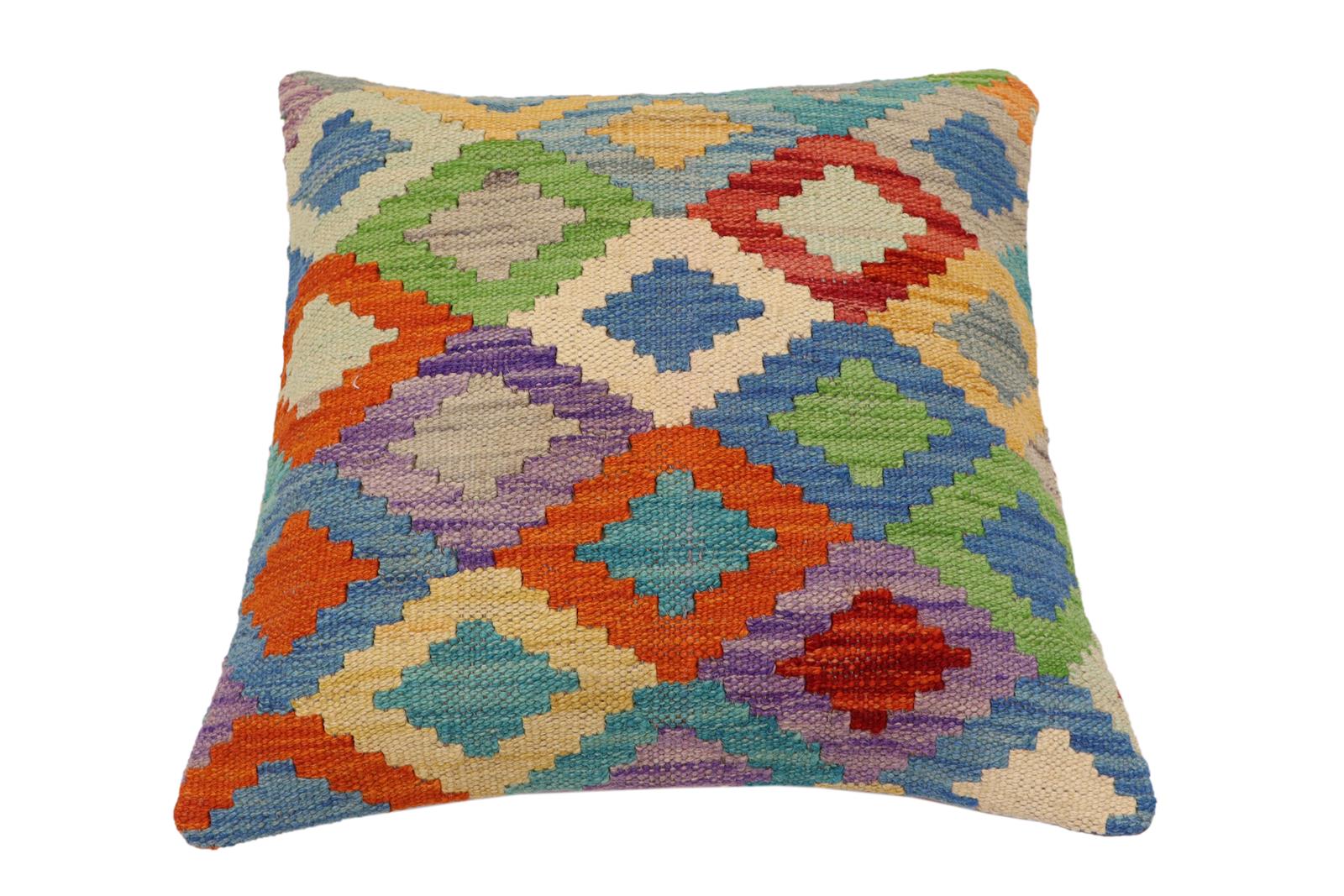 handmade Traditional Pillow Rust Blue Hand-Woven SQUARE 100% WOOL Hand woven turkish pillow2' x 2'