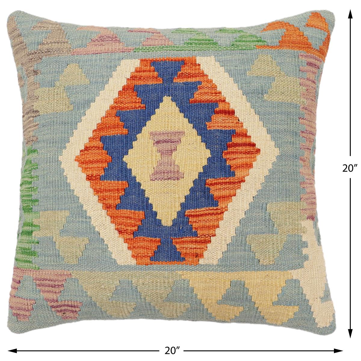 handmade Traditional Pillow Blue Rust Hand-Woven SQUARE 100% WOOL  Hand woven turkish pillow  PILLOW