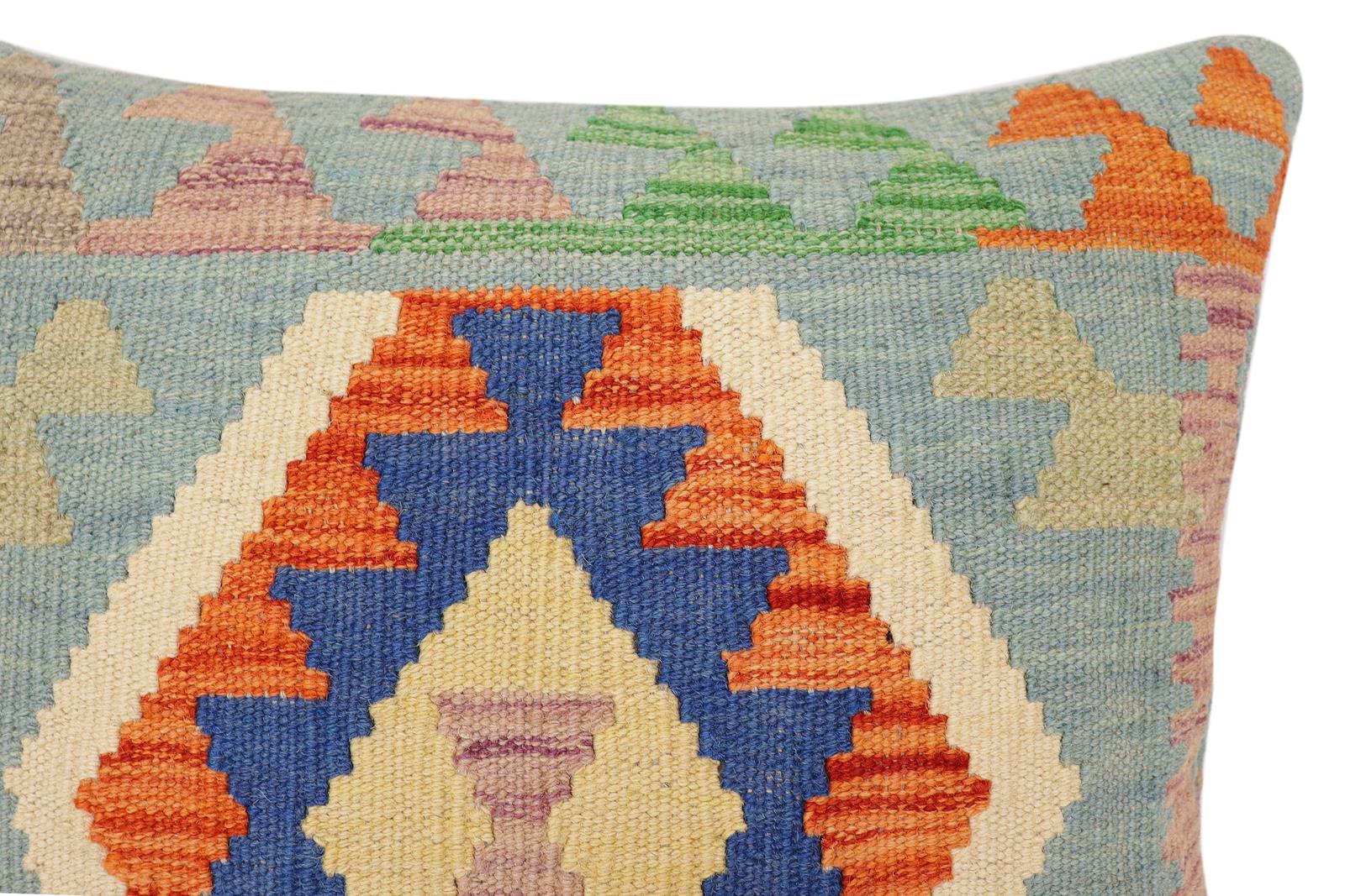 handmade Traditional Pillow Blue Rust Hand-Woven SQUARE 100% WOOL  Hand woven turkish pillow  PILLOW