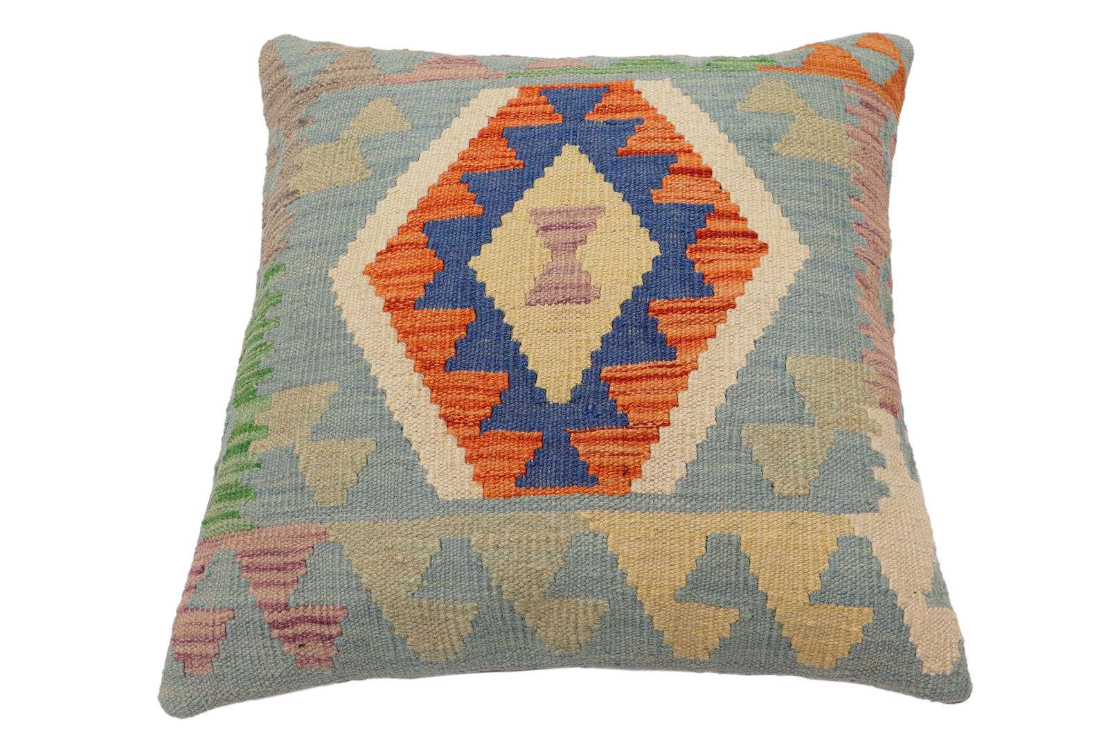 handmade Traditional Pillow Blue Rust Hand-Woven SQUARE 100% WOOL  Hand woven turkish pillow  PILLOW