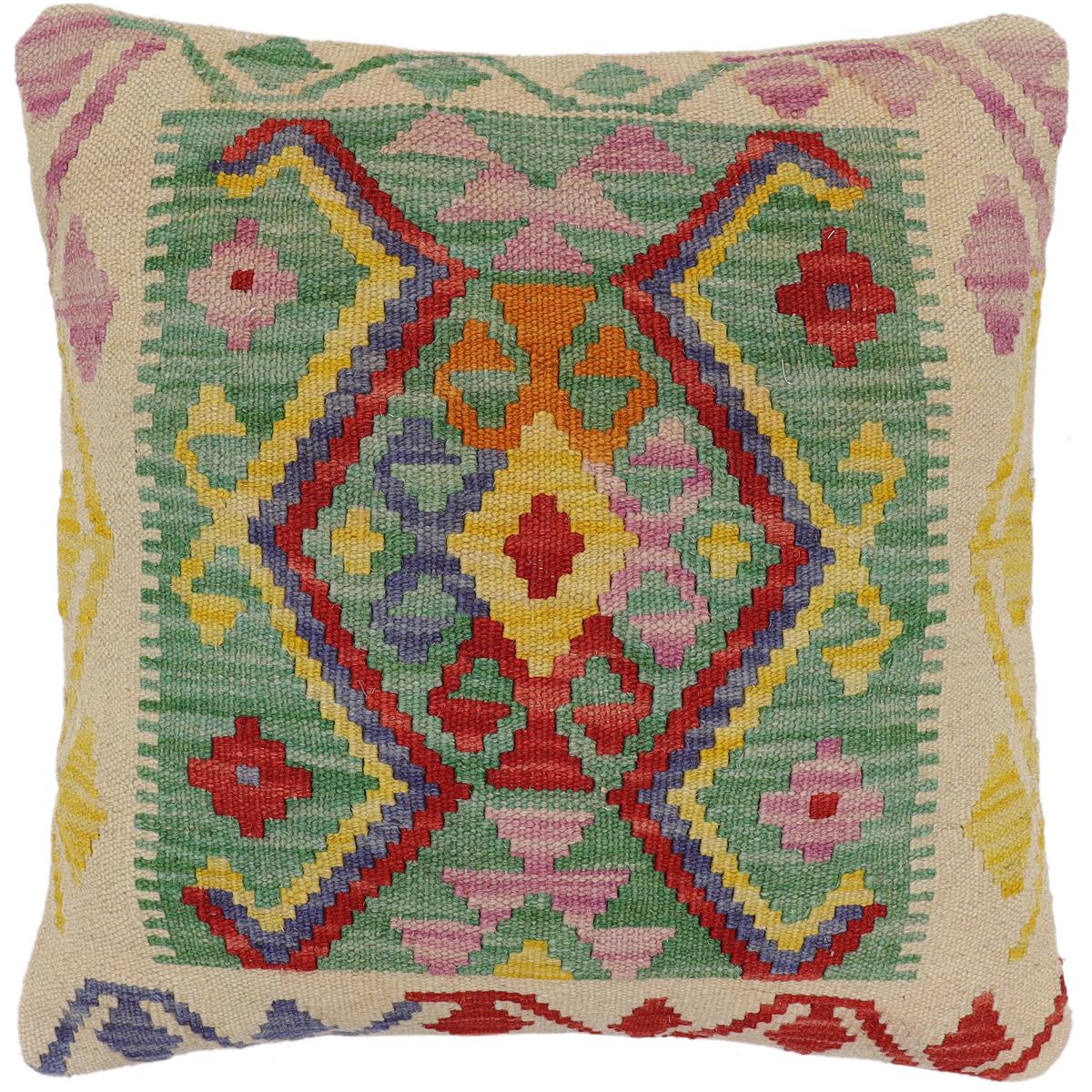 handmade Traditional Pillow Green Beige Hand-Woven SQUARE 100% WOOL  Hand woven turkish pillow  2 x 2