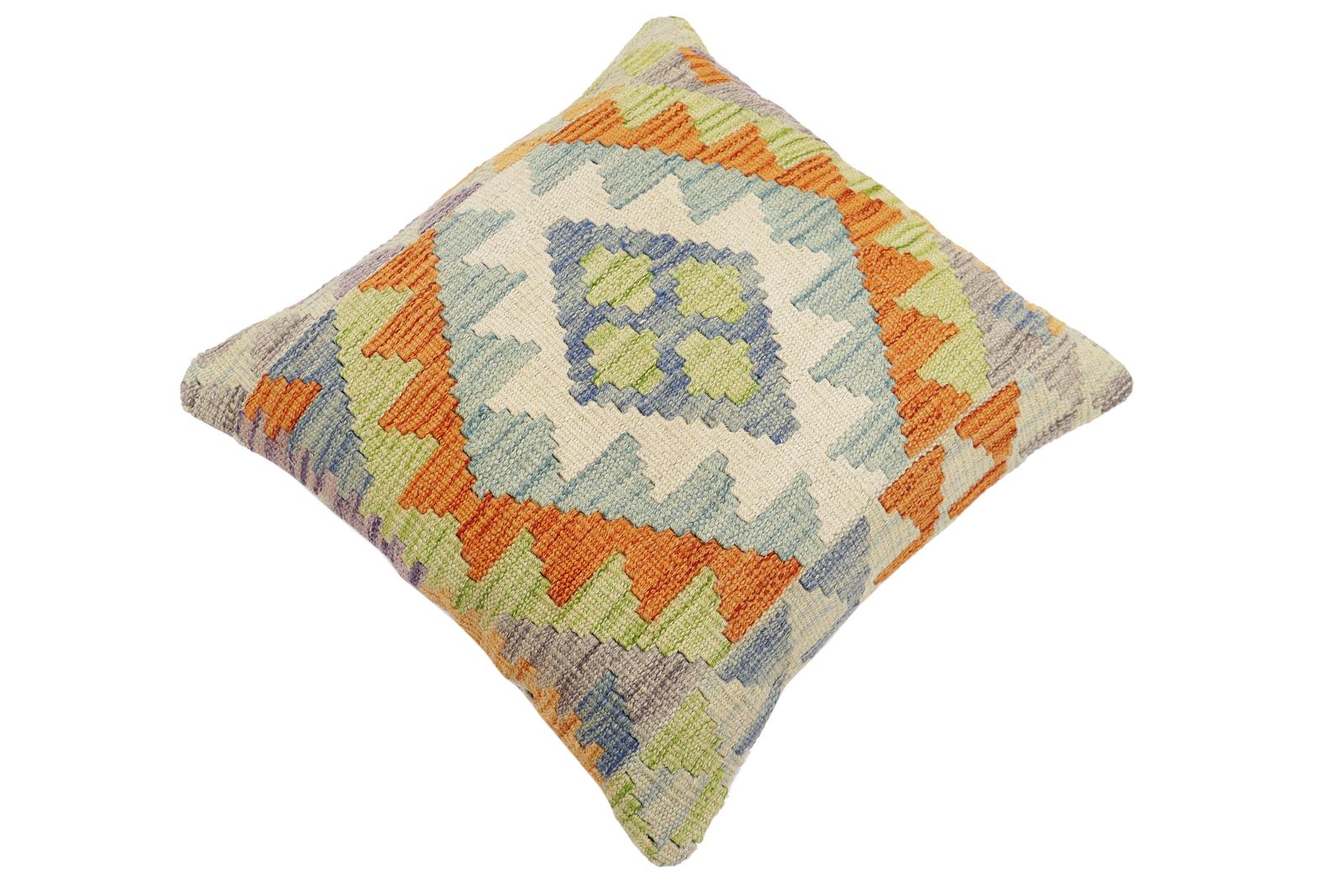 handmade Traditional Pillow Blue Rust Hand-Woven SQUARE 100% WOOL  Hand woven turkish pillow  2 x 2