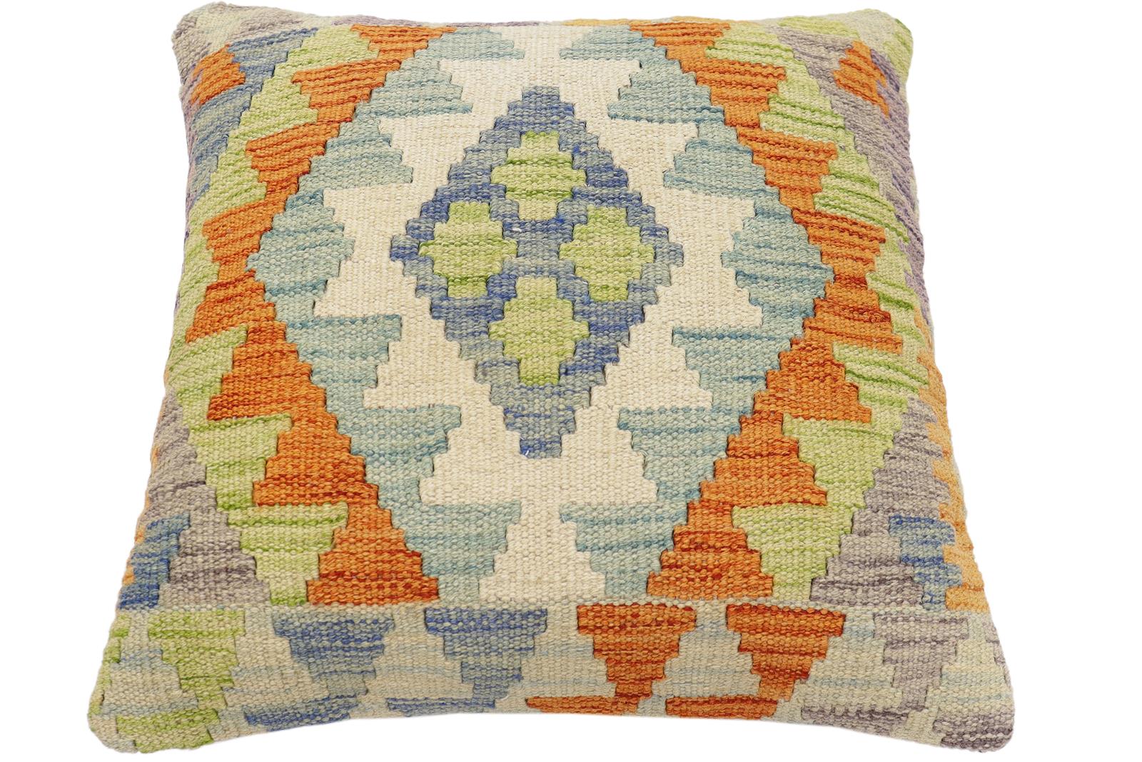 handmade Traditional Pillow Blue Rust Hand-Woven SQUARE 100% WOOL  Hand woven turkish pillow  2 x 2