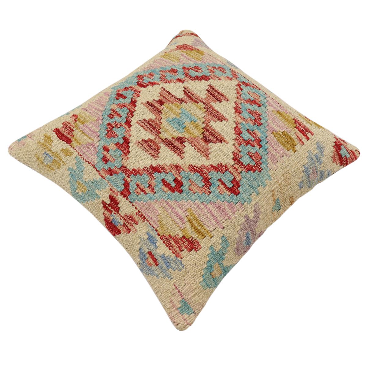 handmade Traditional Pillow Beige Blue Hand-Woven SQUARE 100% WOOL Hand woven turkish pillow2' x 2'