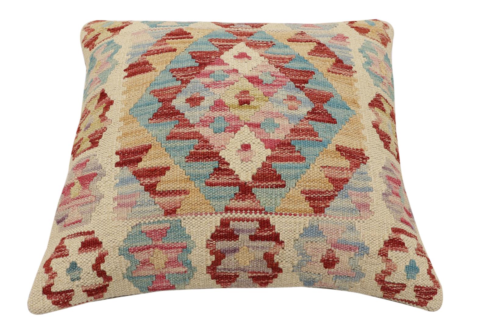 handmade Traditional Pillow Beige Rust Hand-Woven SQUARE 100% WOOL  Hand woven turkish pillow  2 x 2