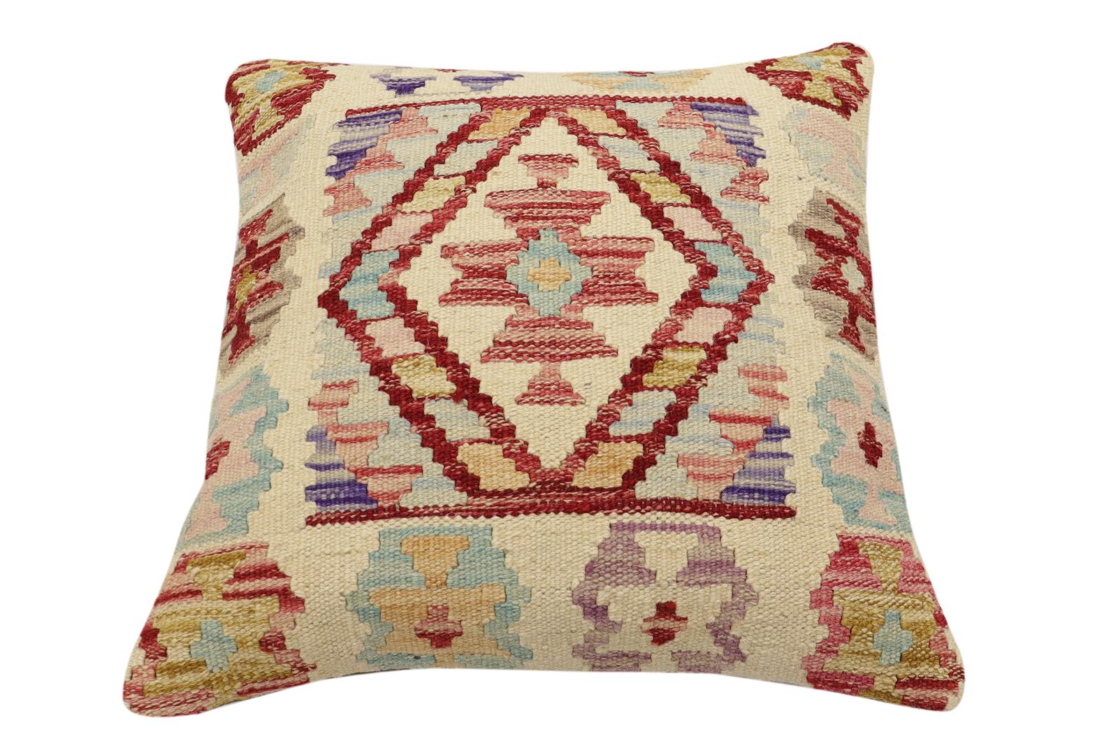 handmade Traditional Pillow Beige Rust Hand-Woven SQUARE 100% WOOL Hand woven turkish pillow2' x 2'