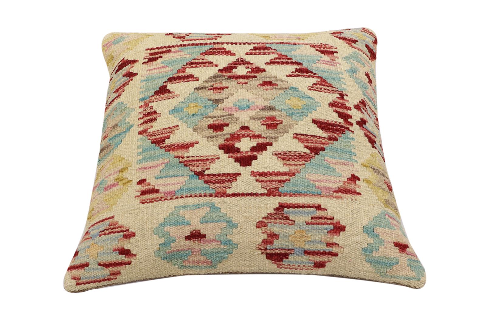 handmade Traditional Pillow Beige Rust Hand-Woven SQUARE 100% WOOL Hand woven turkish pillow2' x 2'