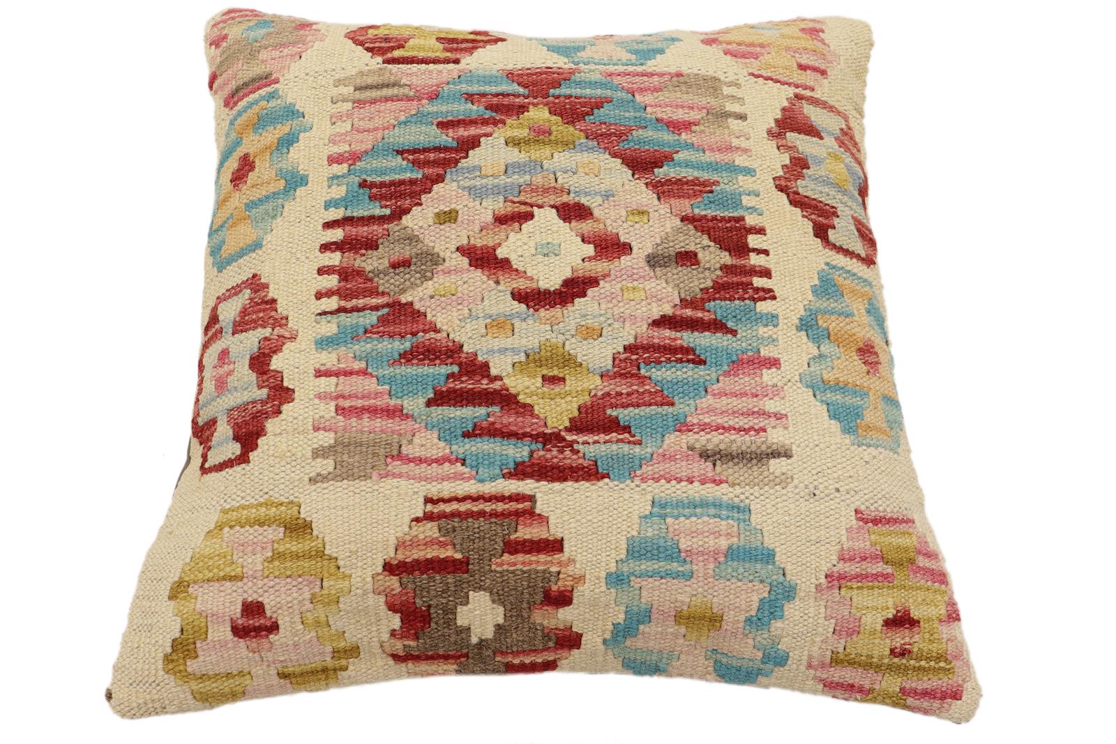 handmade Traditional Pillow Beige Red Hand-Woven SQUARE 100% WOOL Hand woven turkish pillow2' x 2'