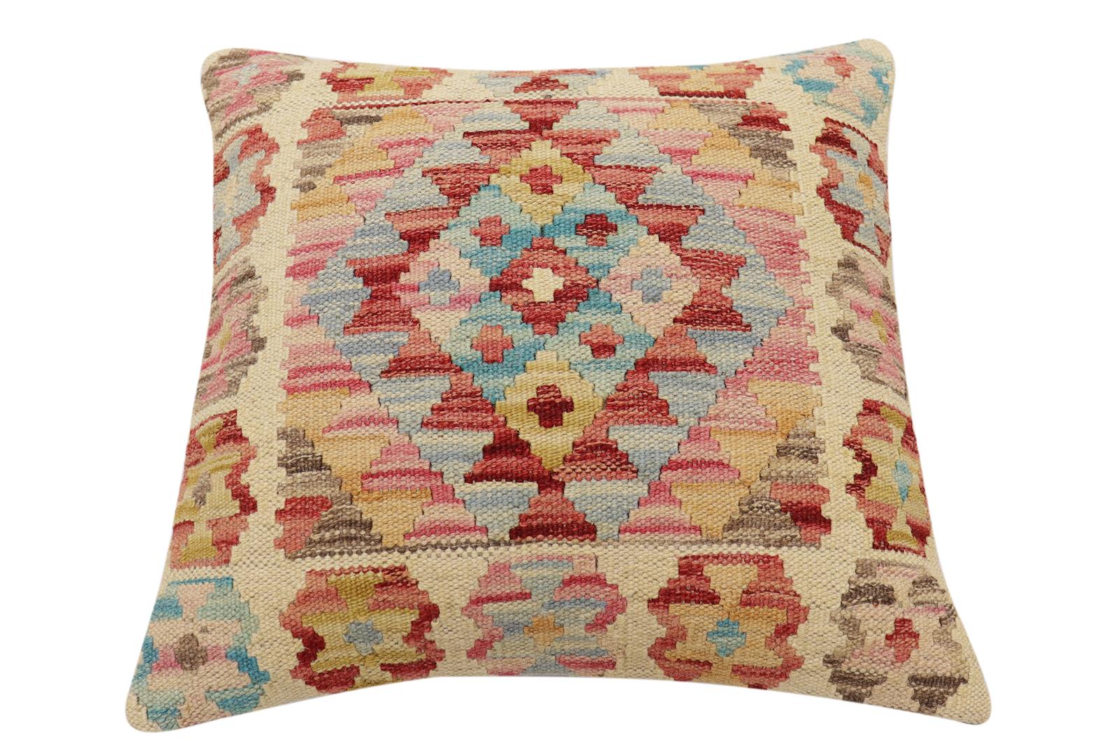 handmade Traditional Pillow Beige Rust Hand-Woven SQUARE 100% WOOL  Hand woven turkish pillow  2 x 2