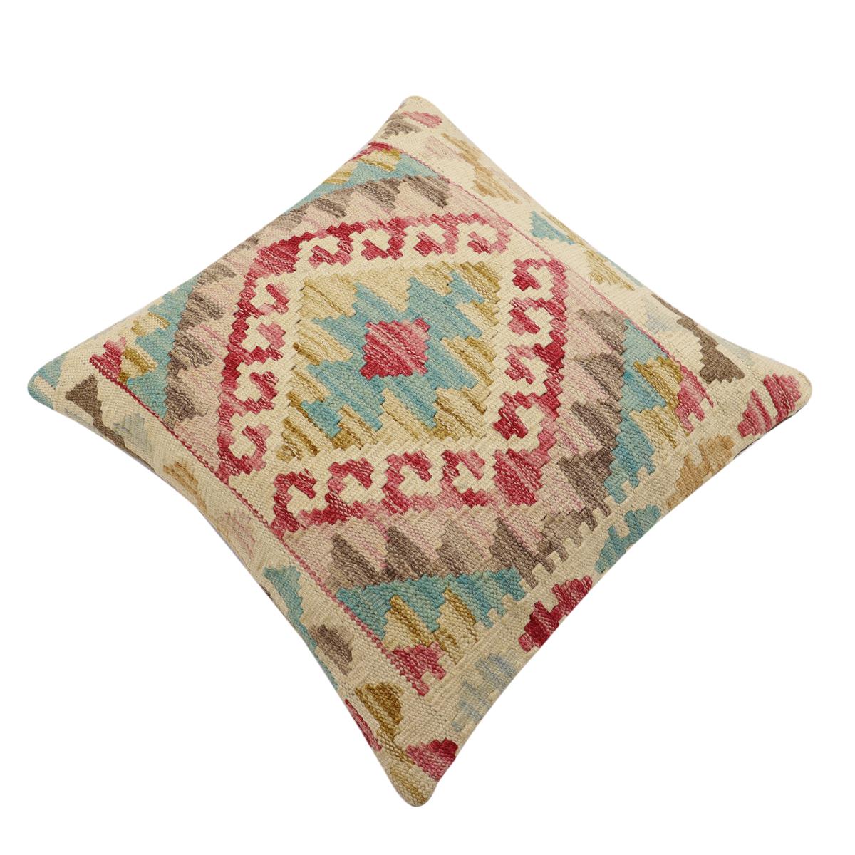 handmade Traditional Pillow Beige Blue Hand-Woven SQUARE 100% WOOL  Hand woven turkish pillow  2 x 2