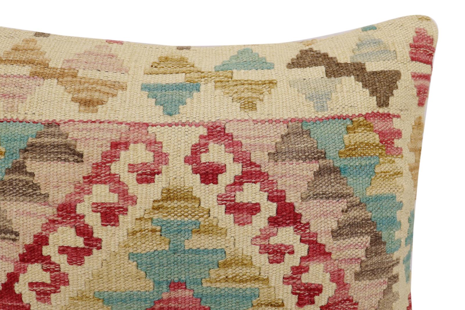 handmade Traditional Pillow Beige Blue Hand-Woven SQUARE 100% WOOL  Hand woven turkish pillow  2 x 2