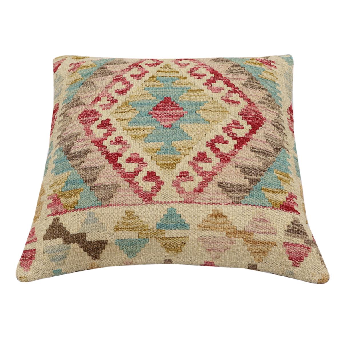 handmade Traditional Pillow Beige Blue Hand-Woven SQUARE 100% WOOL  Hand woven turkish pillow  2 x 2