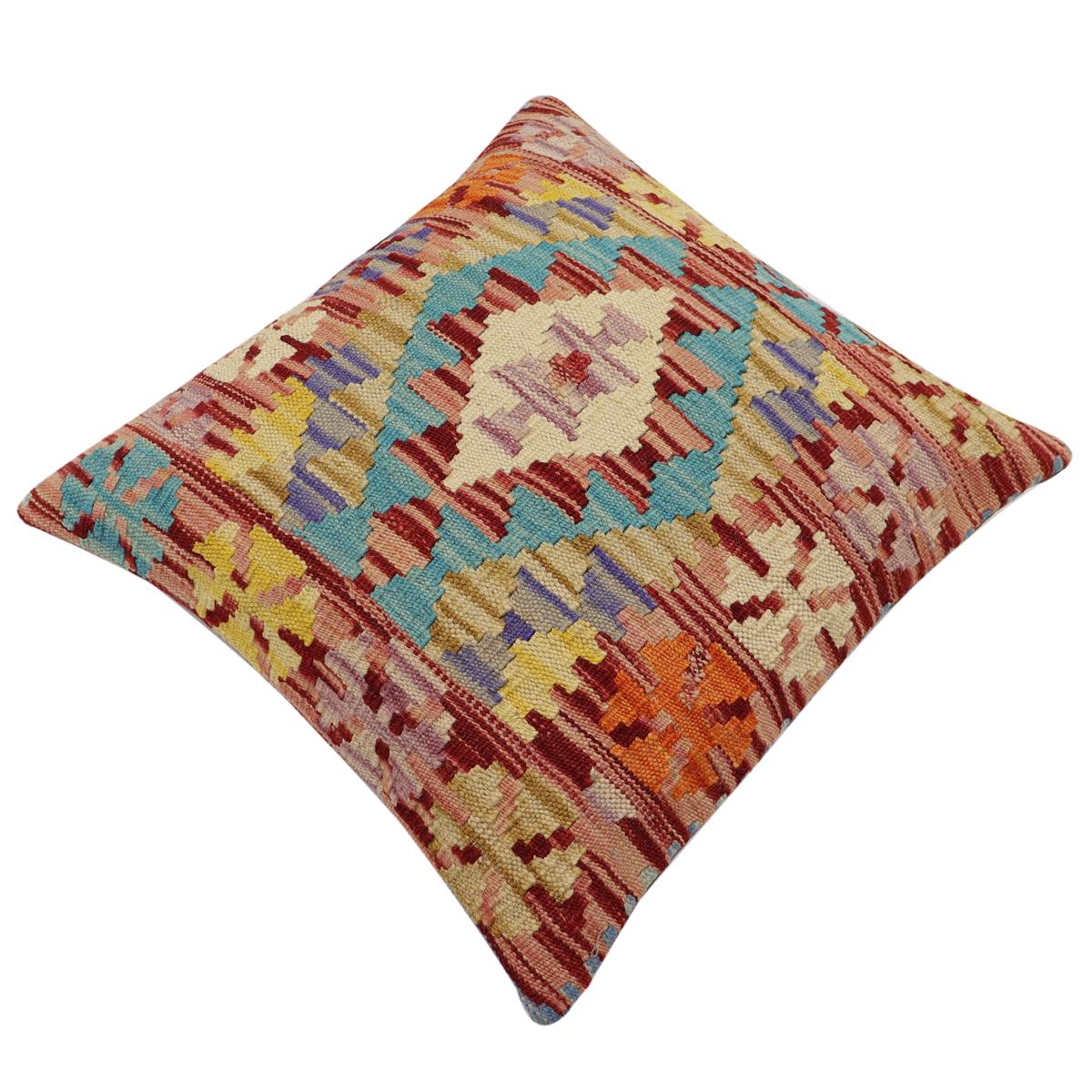 handmade Traditional Pillow Rust Blue Hand-Woven SQUARE 100% WOOL Hand woven turkish pillow2' x 2'